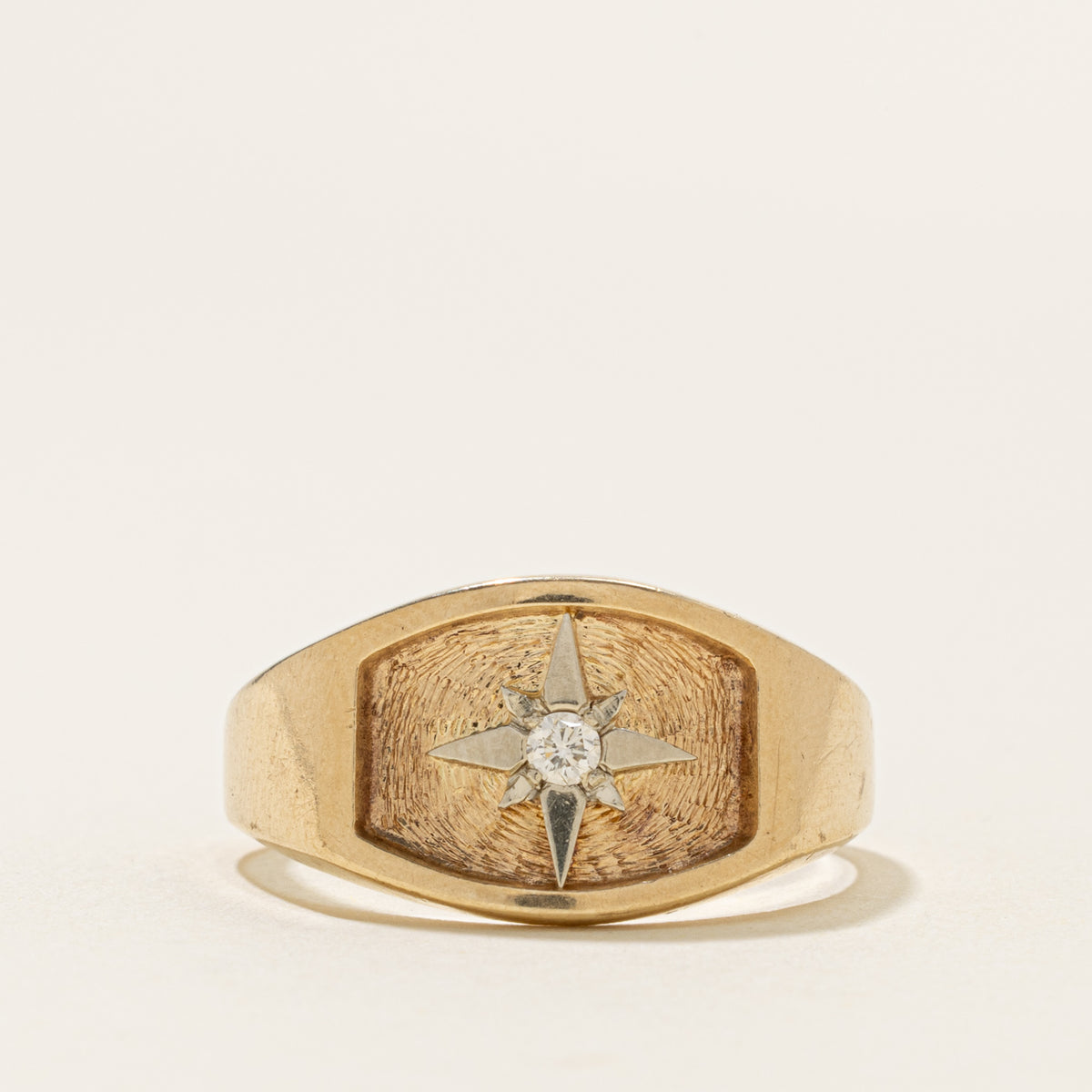 Vintage Canadian Star Set Diamond Textured Signet Ring | SZ 12