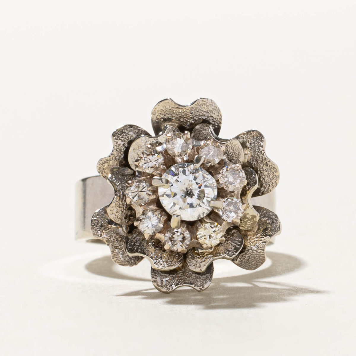 18k Diamond Halo Textured Floral Cocktail Ring | 0.52ct I2 G, 0.36ctw | SZ 5.75