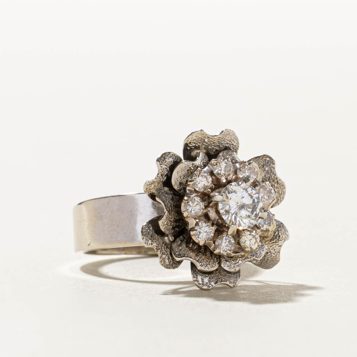 18k Diamond Halo Textured Floral Cocktail Ring | 0.52ct I2 G, 0.36ctw | SZ 5.75