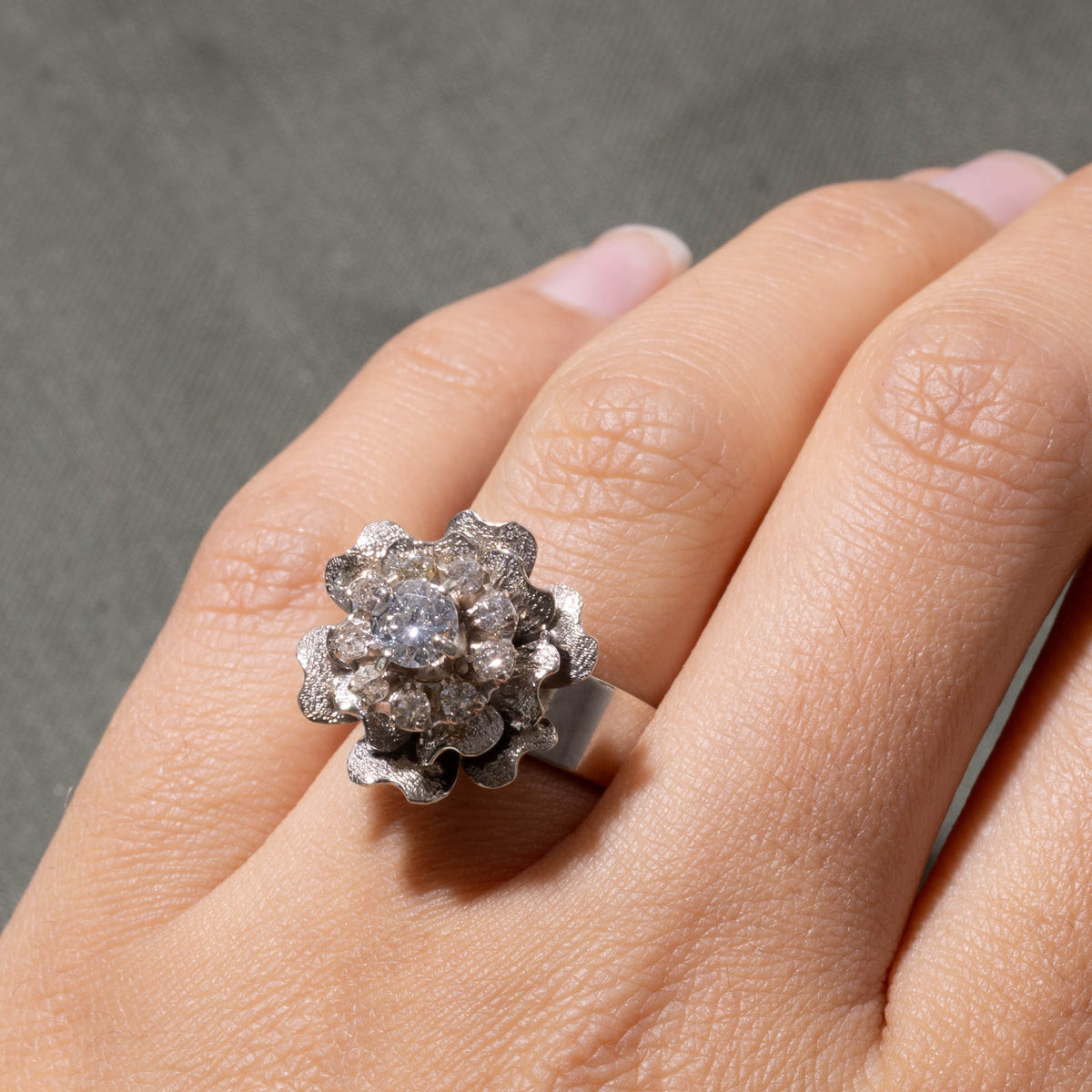 18k Diamond Halo Textured Floral Cocktail Ring | 0.52ct I2 G, 0.36ctw | SZ 5.75