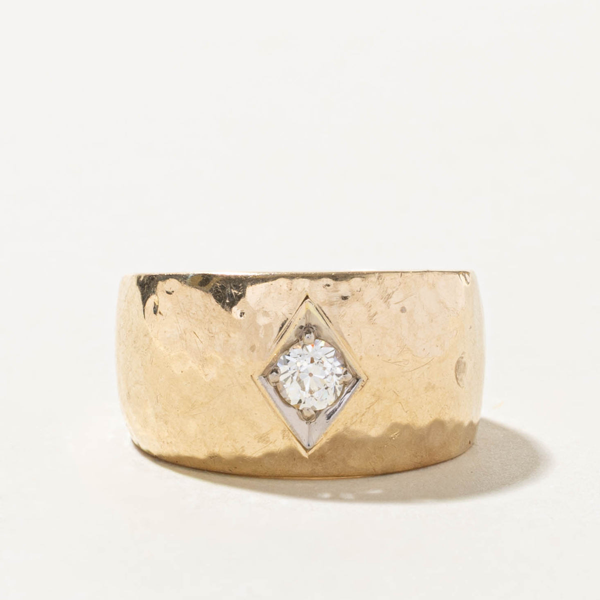 14k Solitaire Old European Cut Diamond Hammered Band | 0.42ct SI1 J | 12.65mm | SZ 9.25