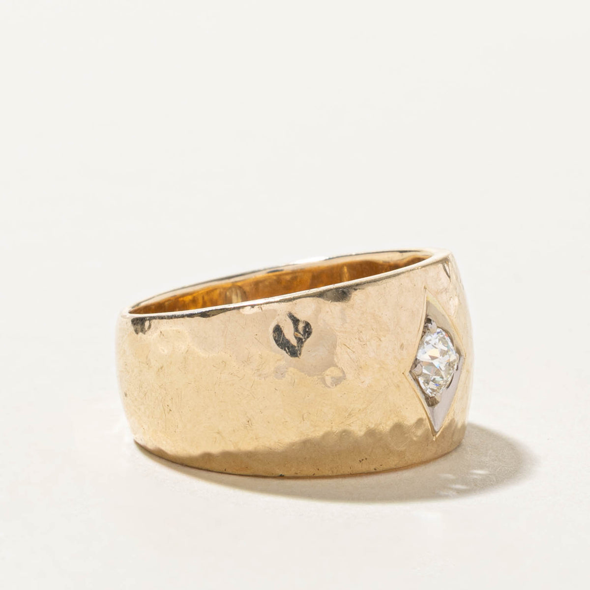 14k Solitaire Old European Cut Diamond Hammered Band | 0.42ct SI1 J | 12.65mm | SZ 9.25