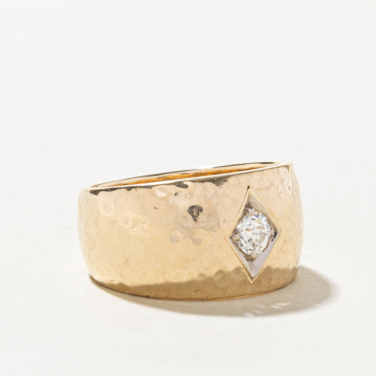 14k Solitaire Old European Cut Diamond Hammered Band | 0.42ct SI1 J | 12.65mm | SZ 9.25