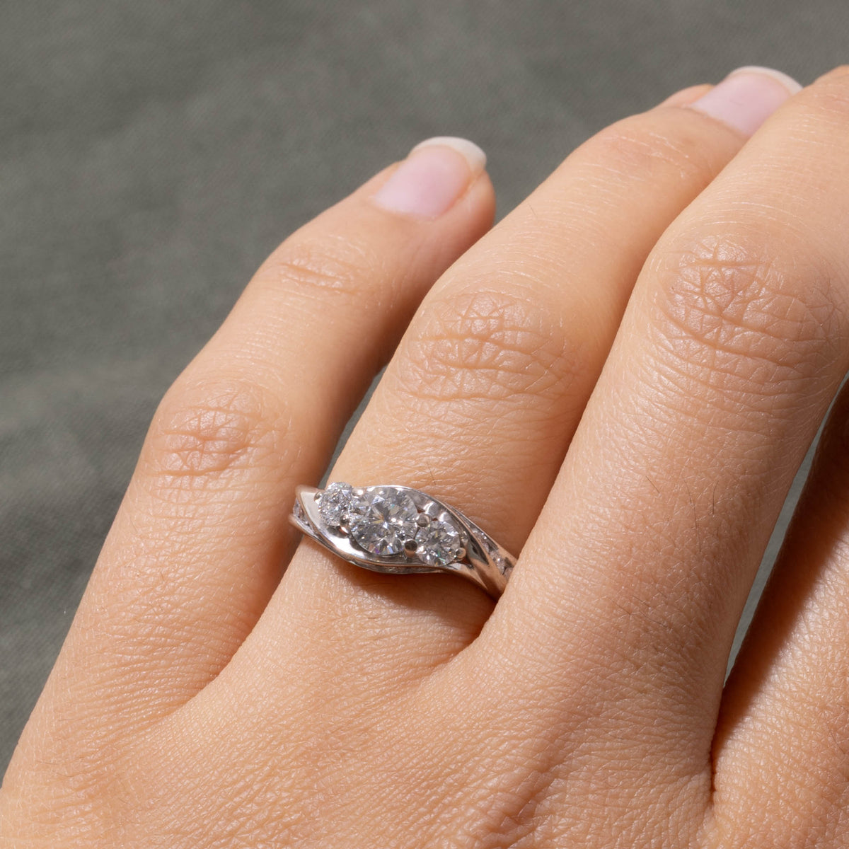 14k Three Stone Diamond Grooved BypassRing | 0.58ct I1 H, 0.92ctw | SZ 5