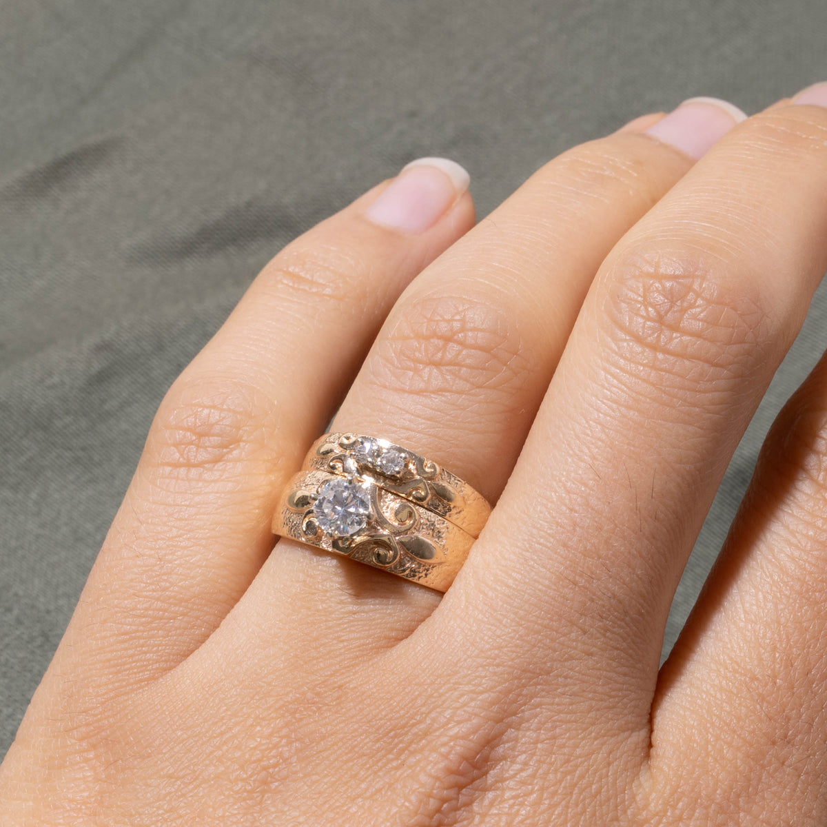 14k Solitaire Diamond Scrollwork Soldered Wedding Ring Set | 0.50ctw | SZ 5.25