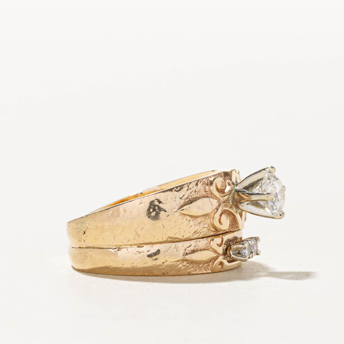 14k Solitaire Diamond Scrollwork Soldered Wedding Ring Set | 0.50ctw | SZ 5.25
