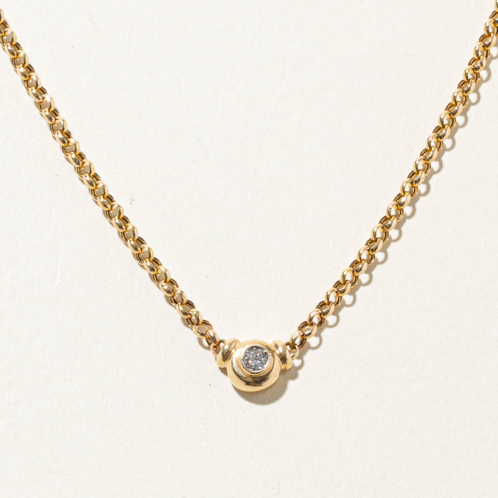 14k Solitaire Diamond Pendant Rolo Chain Necklace | 0.07ct | 8"