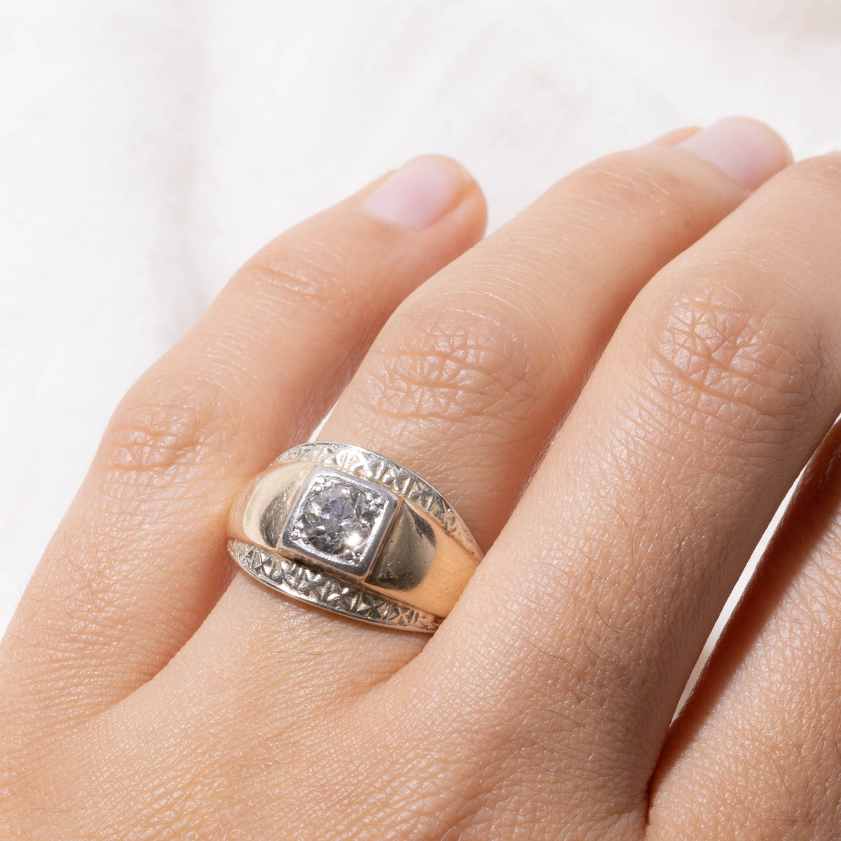 10k Old European Cut Diamond Engraved Geometric Dome Ring | 0.69ct I1 G | SZ 9.5
