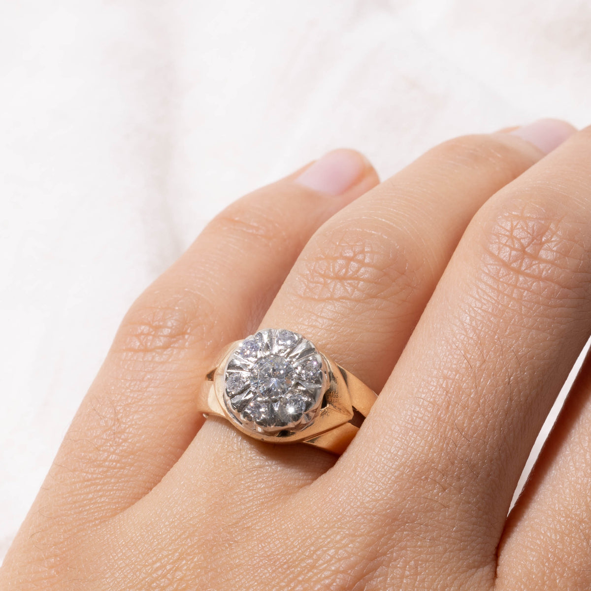 14k Two Tone Illusion Set Diamond Grooved Ring | 0.72ctw | SZ 7.5