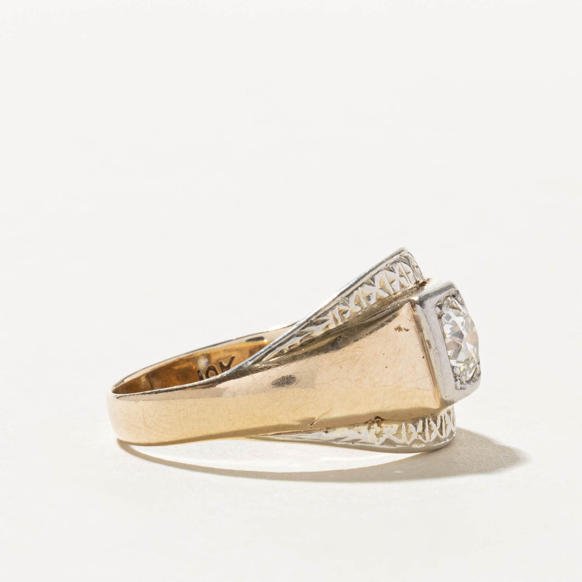 10k Old European Cut Diamond Engraved Geometric Dome Ring | 0.69ct I1 G | SZ 9.5