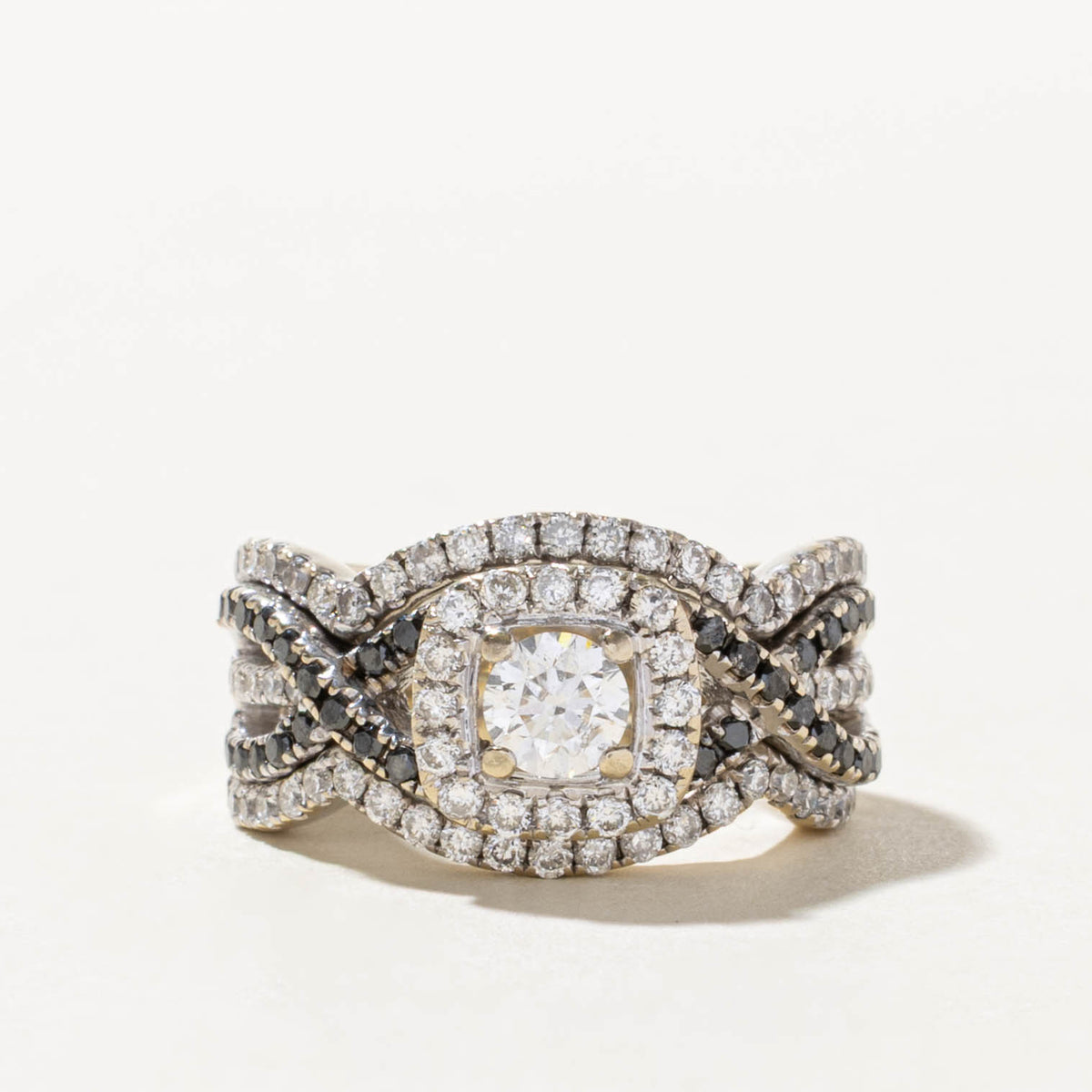 14k Pave Set Diamond Halo Cross Over Ring | 1.55ctw | SZ 3.75