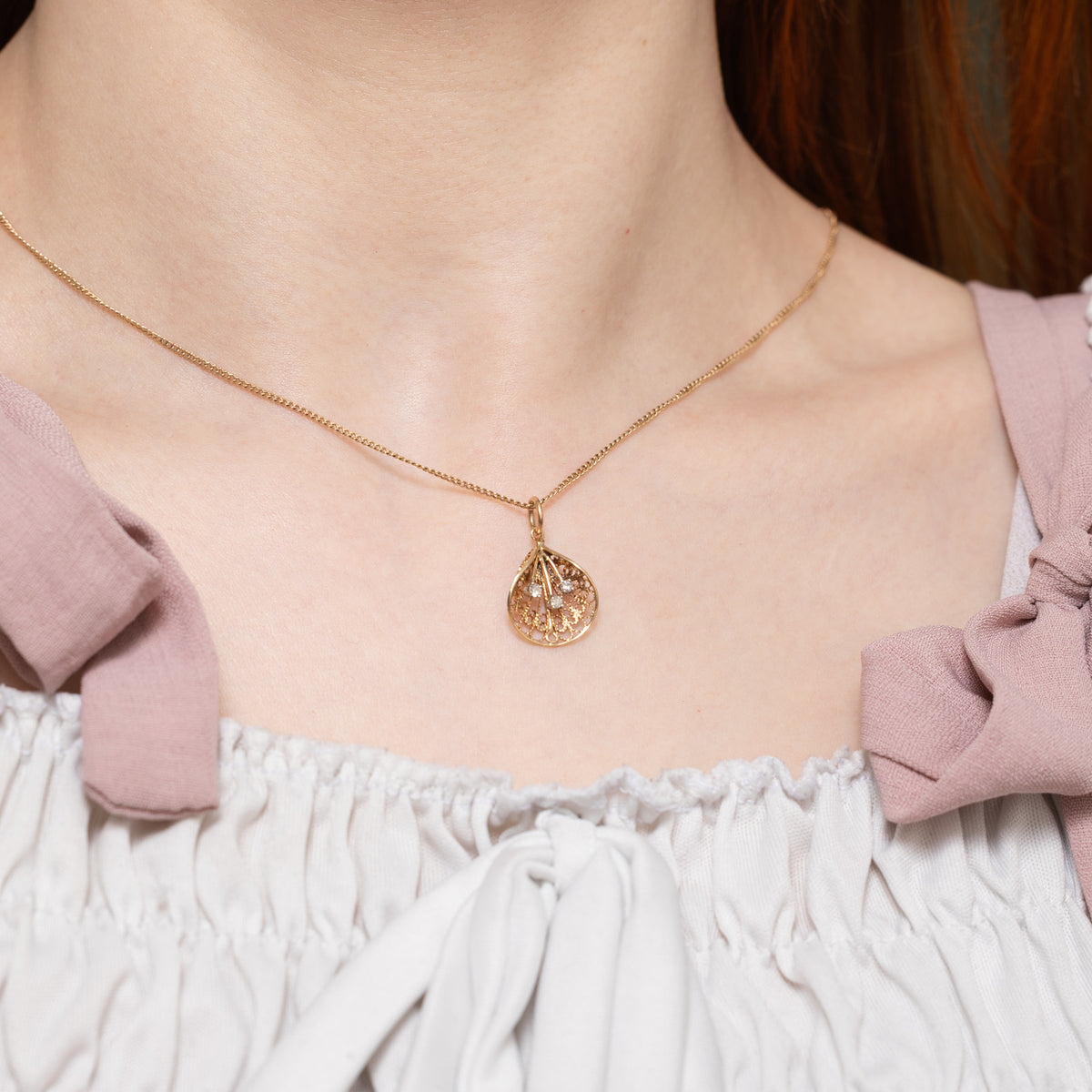 12k Three Stone Diamond Filigree Teardrop Pendant