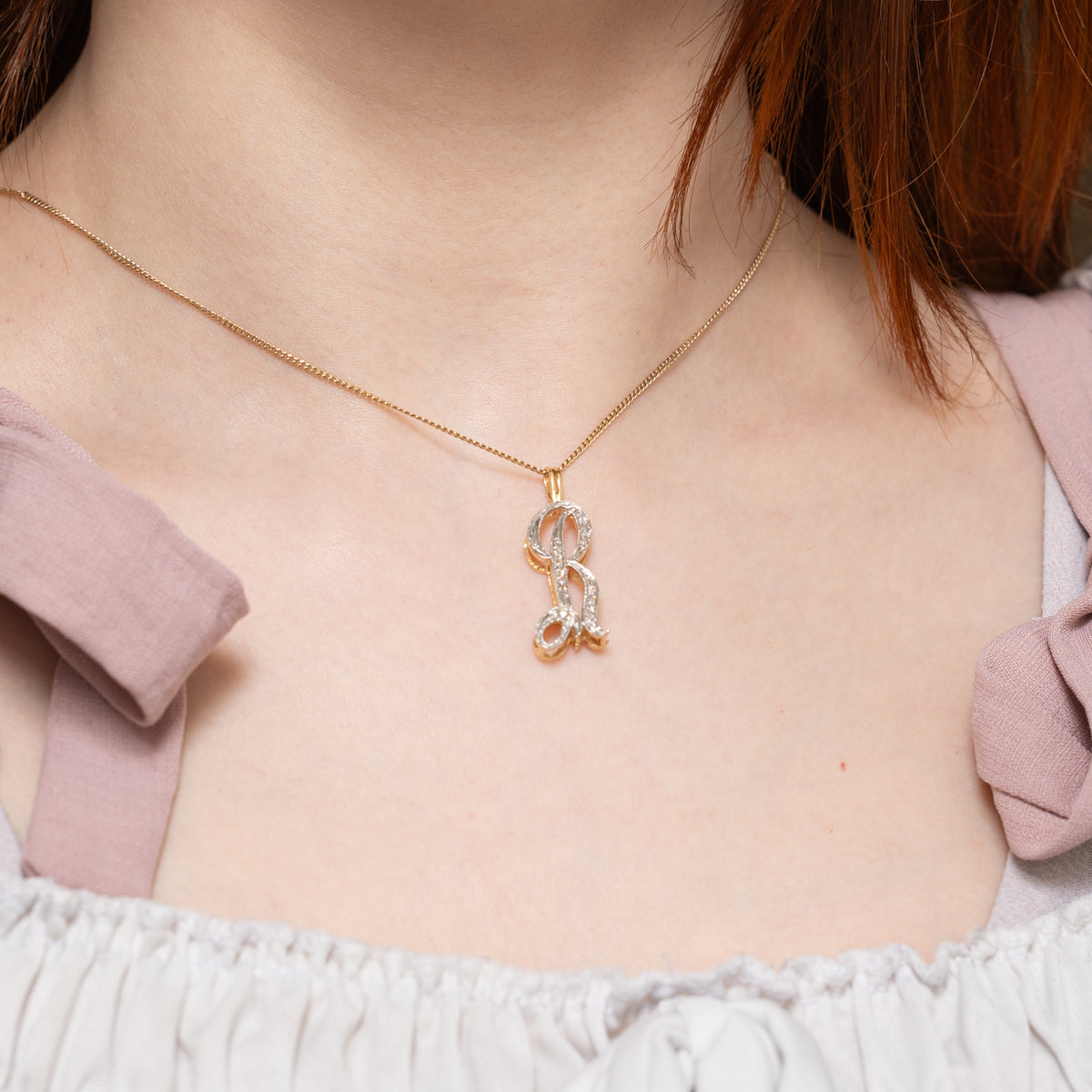 14k Two Tone Diamond "R" Initial Pendant