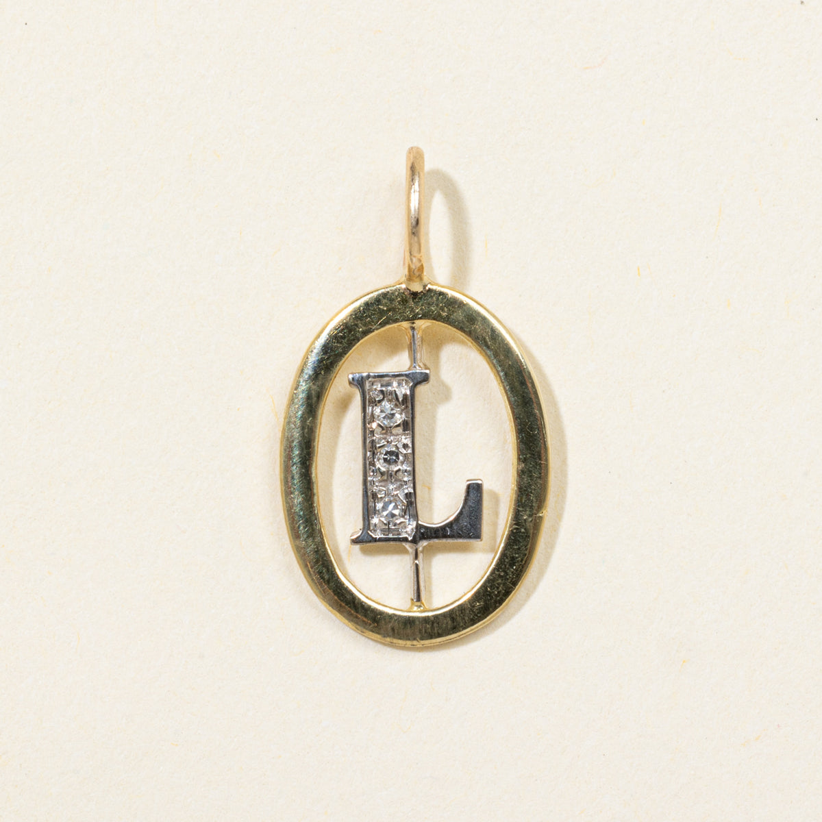 18k Two Tone Diamond Oval "L" Initial Pendant