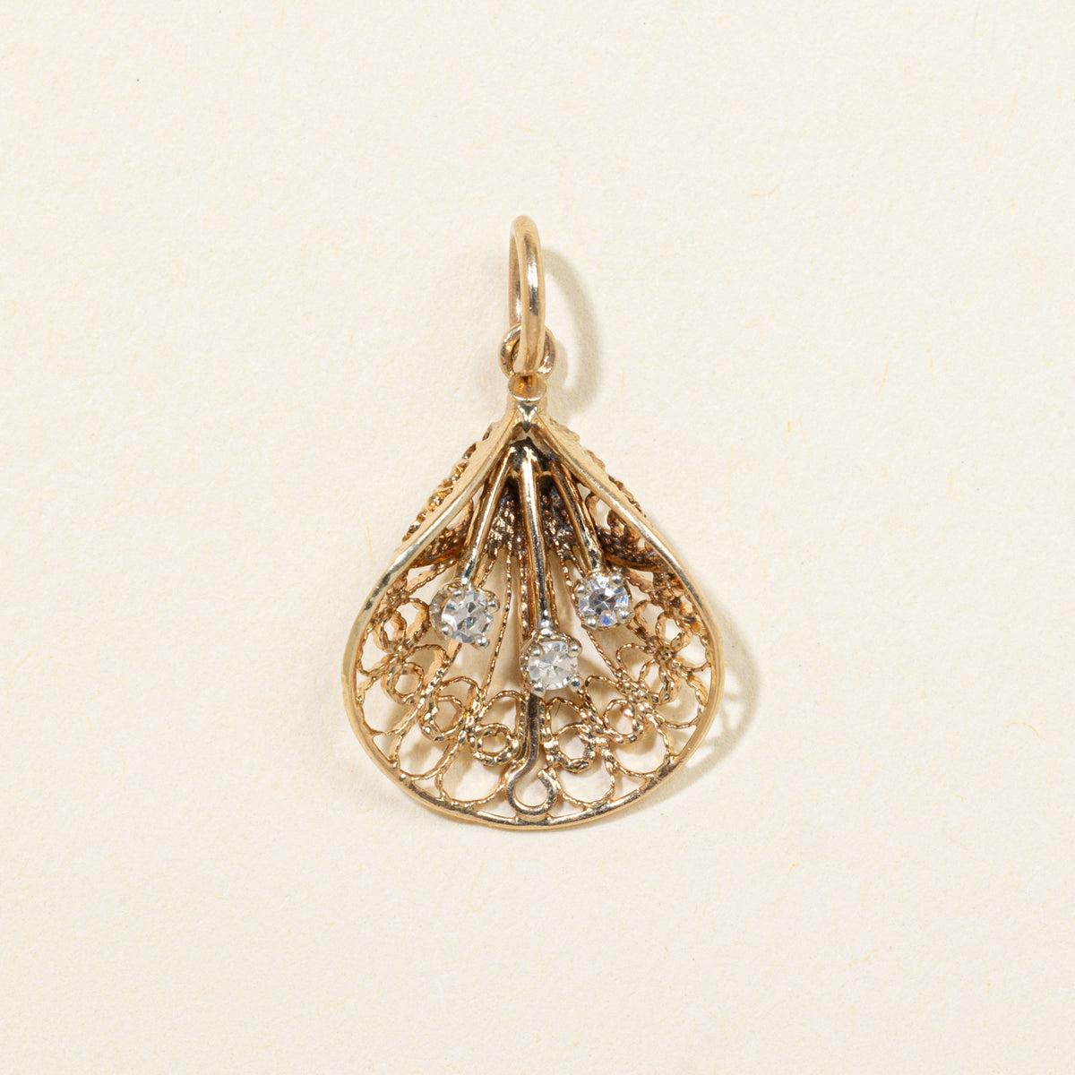 12k Three Stone Diamond Filigree Teardrop Pendant