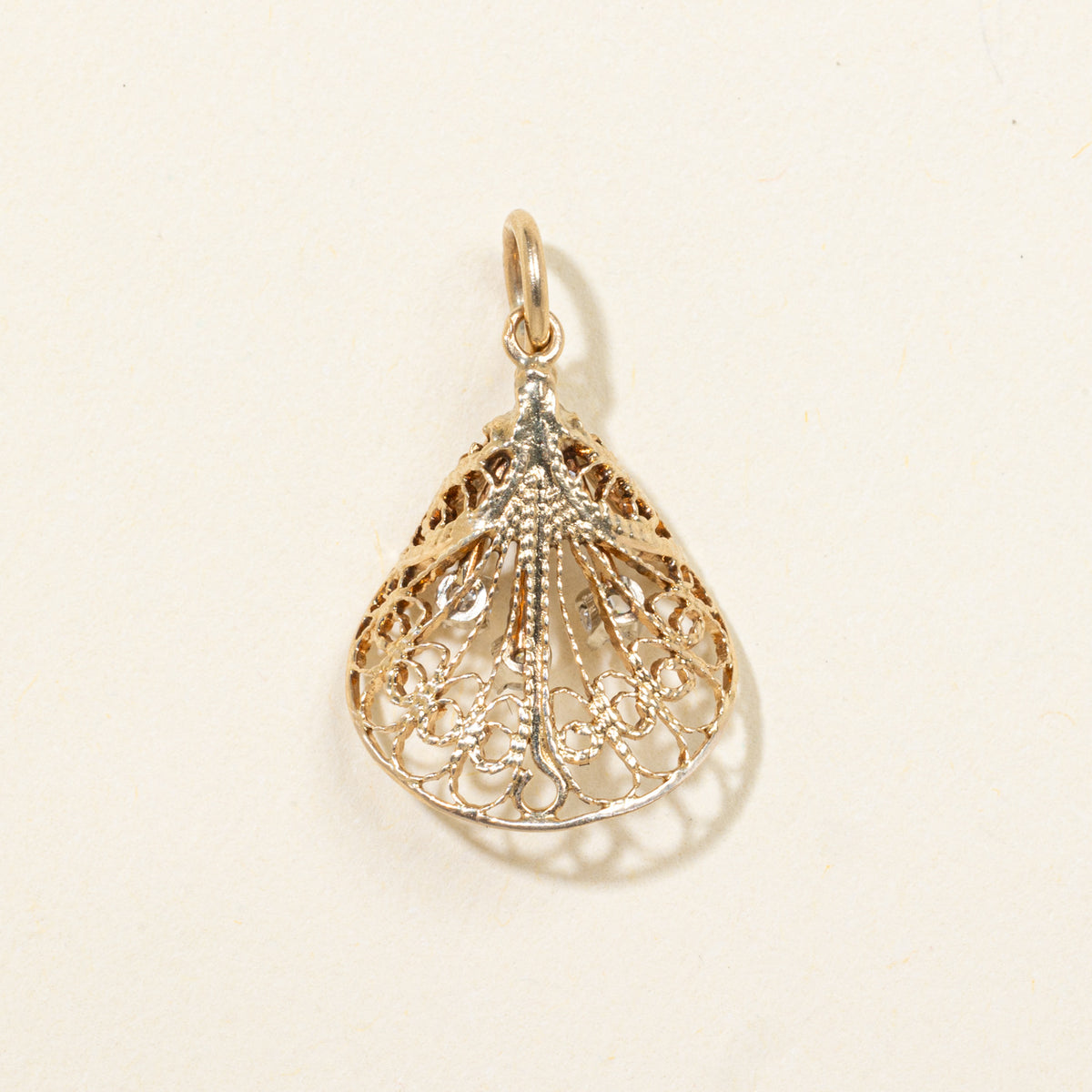12k Three Stone Diamond Filigree Teardrop Pendant