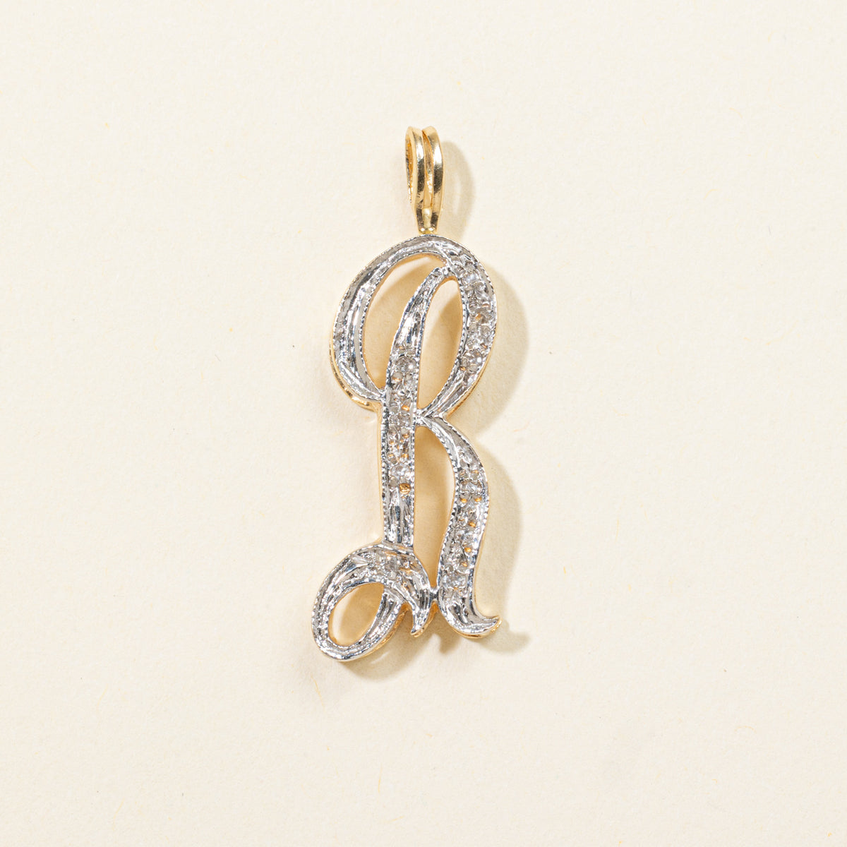 14k Two Tone Diamond "R" Initial Pendant