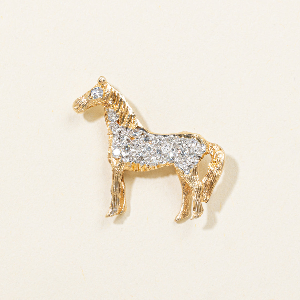 14k Two Tone Pave Set Diamond Textured Horse Pendant