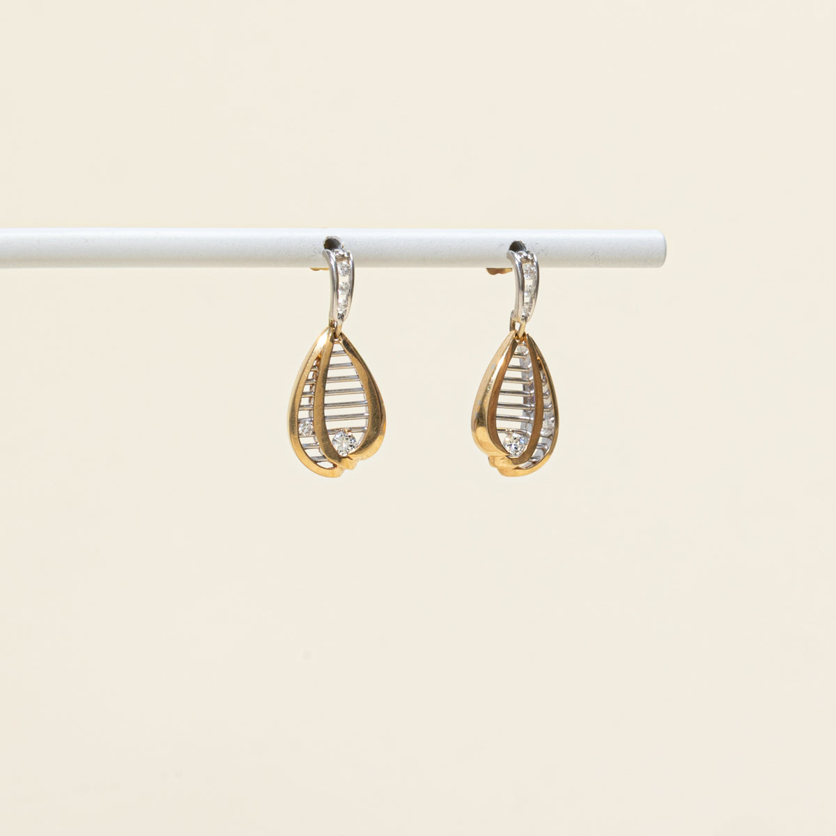 10k Two Tone Scattered Diamond Openwork Cage Drop Earrings | 0.20ctw