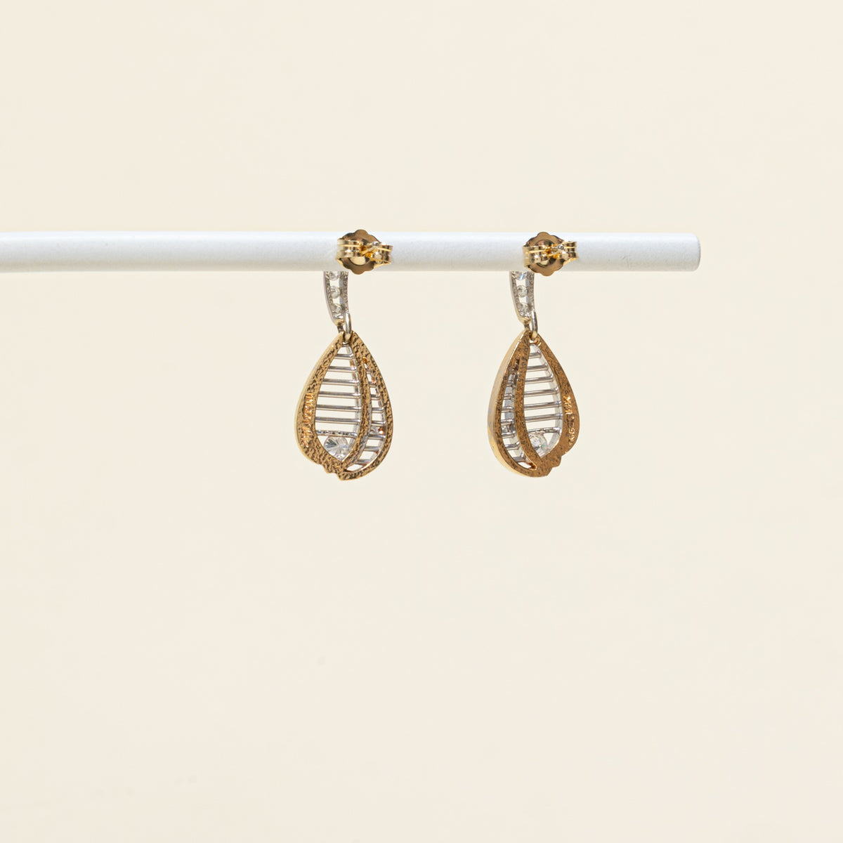 10k Two Tone Scattered Diamond Openwork Cage Drop Earrings | 0.20ctw