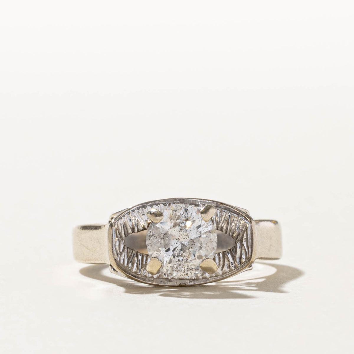 10k Solitaire Diamond Textured Frame Ring | 0.96ct I2 K | SZ 6.5