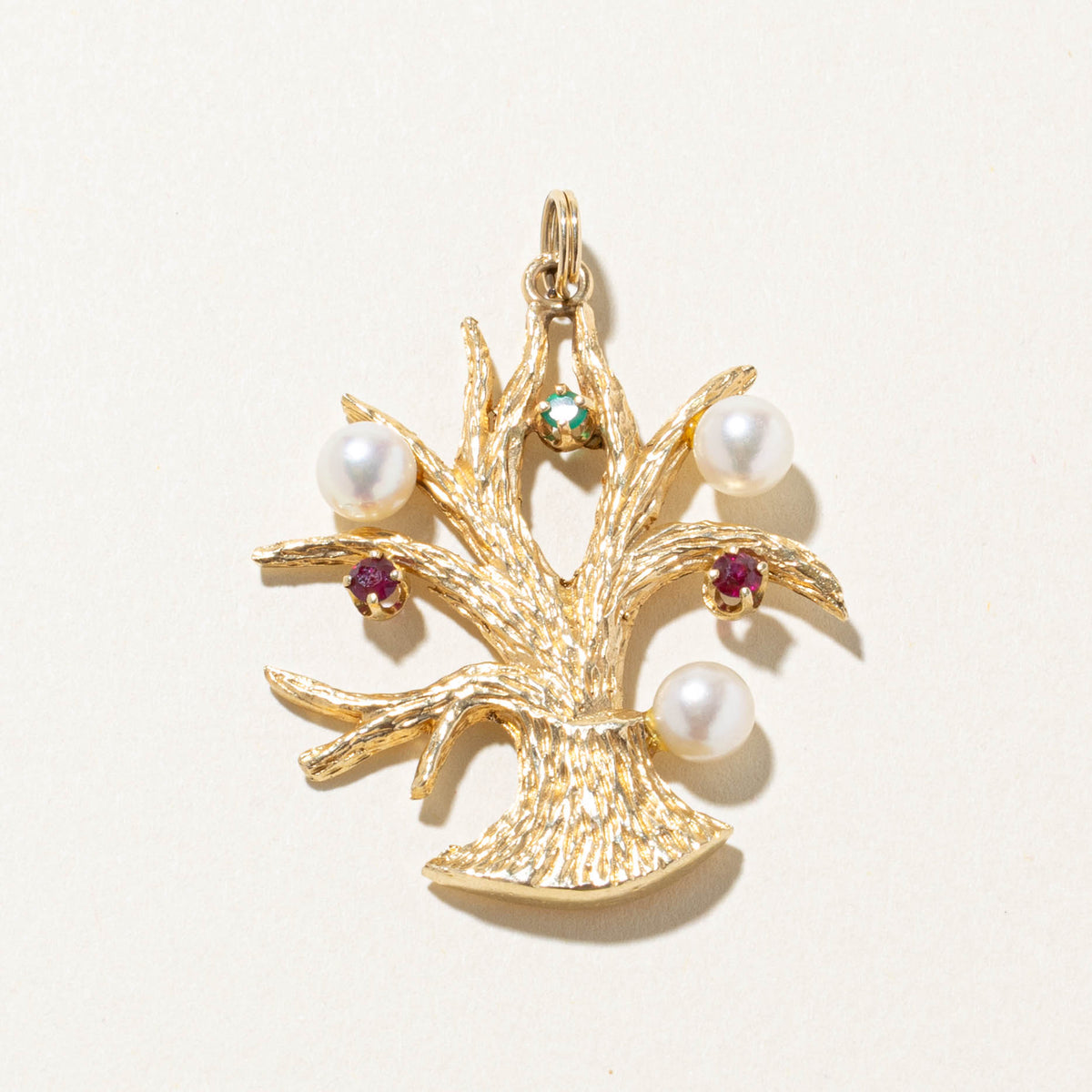 14k Ruby, Onyx & Cultured Pearl Textured Tree Charm | 0.33ctw