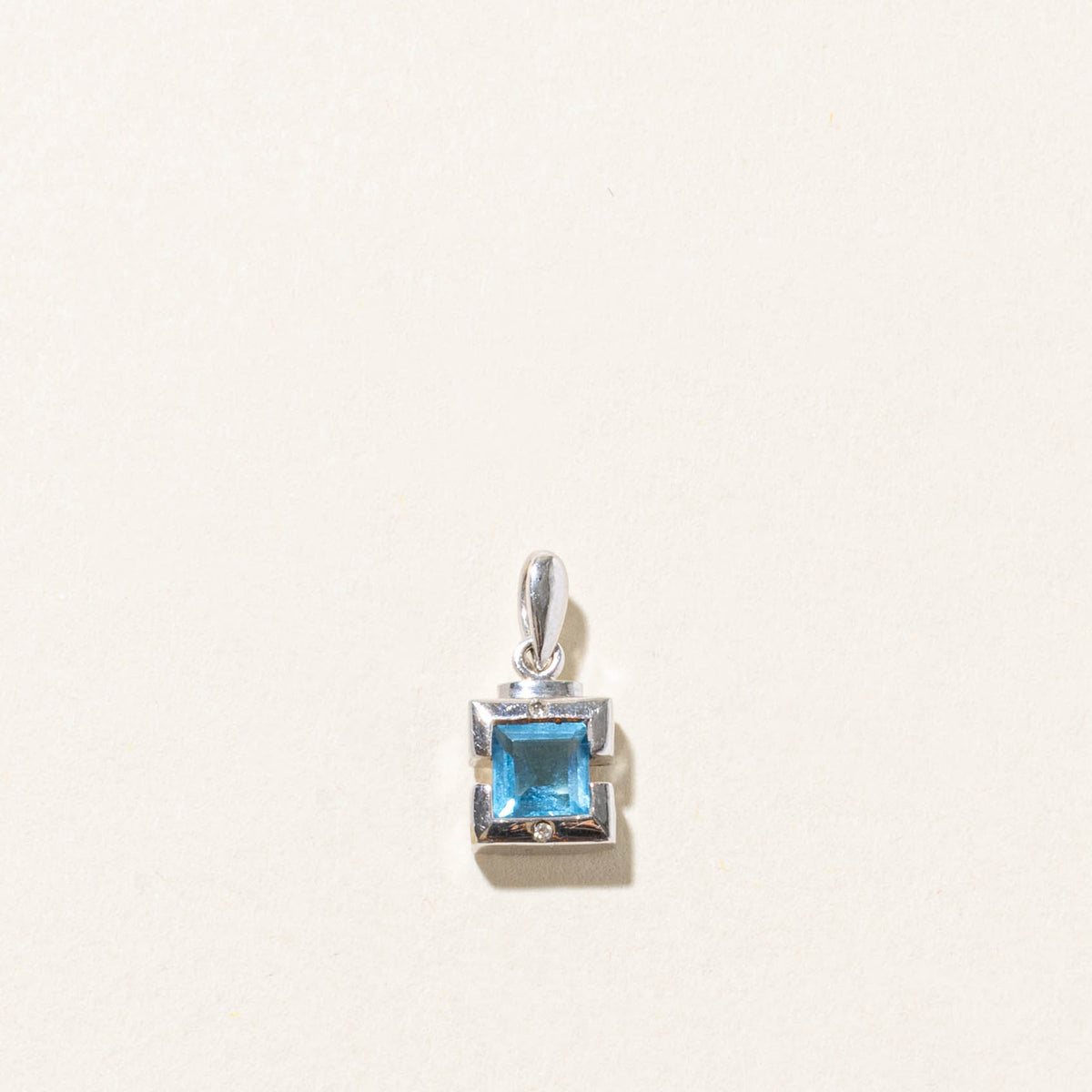 10k Square Cut Blue Topaz & Diamond Accented Pendant | 0.60ct, 0.01ct