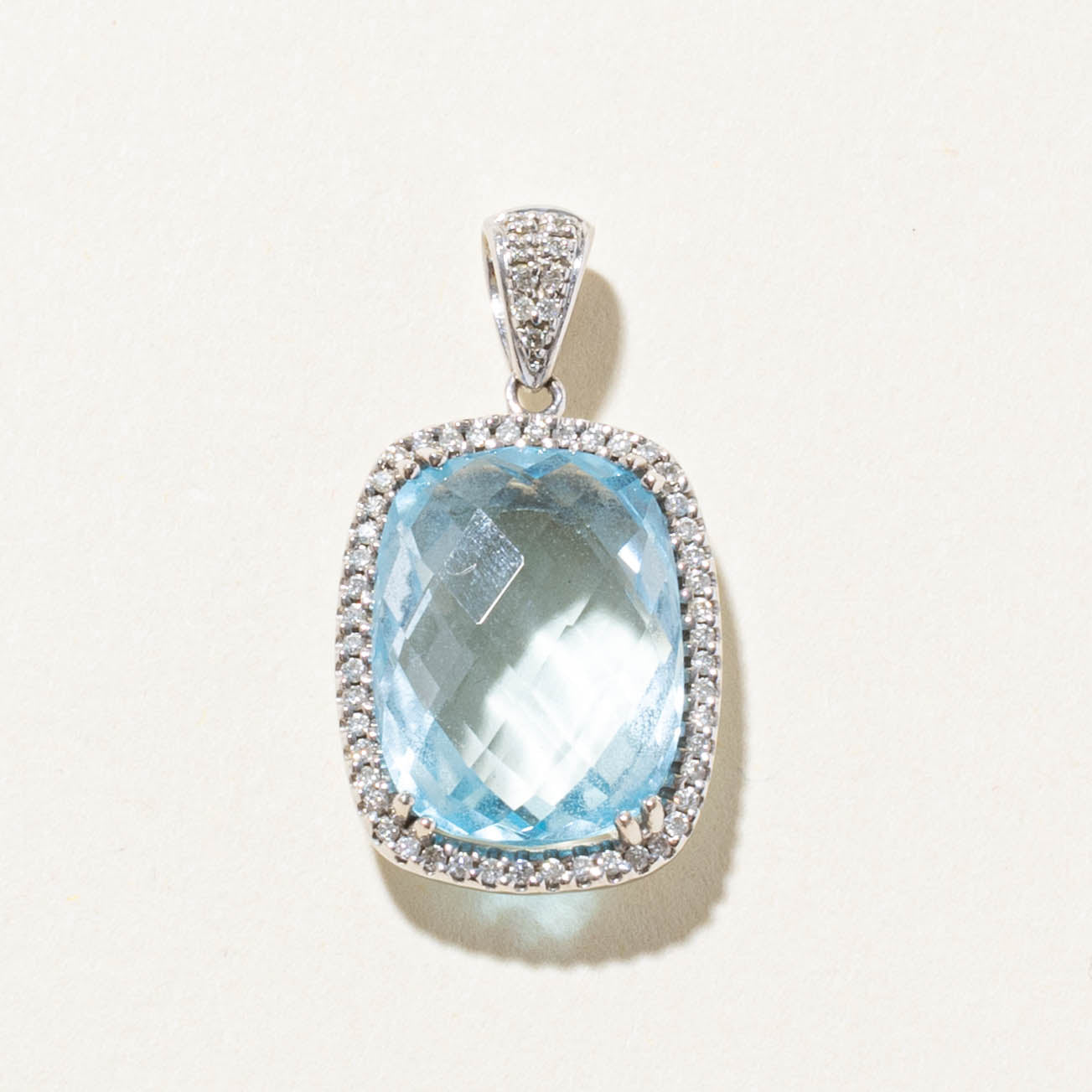 14k Cushion Cut Blue Topaz & Diamond Halo Pendant | 14.00ct, 0.28ctw