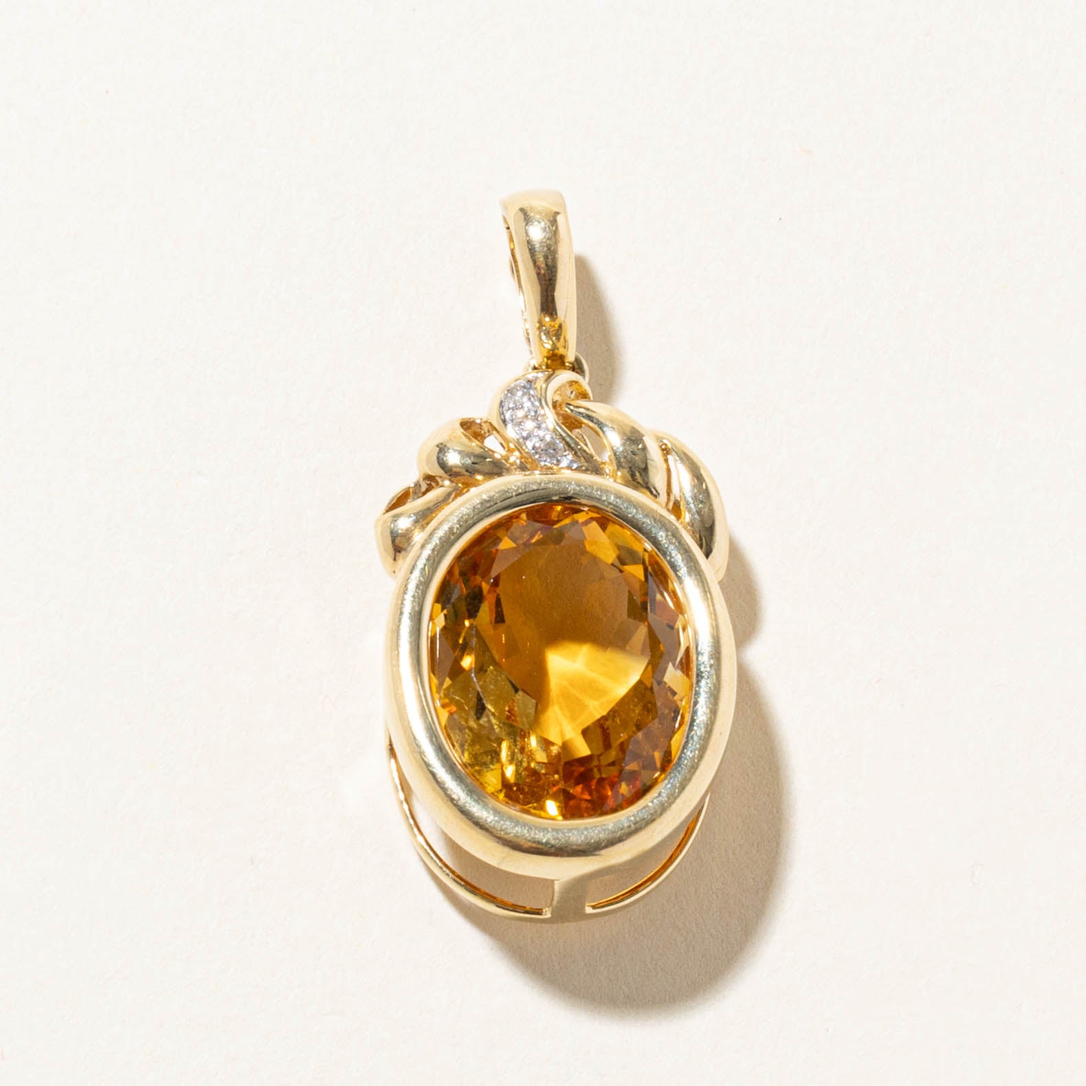 14k Bezel Set Citrine & Diamond Accented Pendant | 13.50ct, 0.02ctw