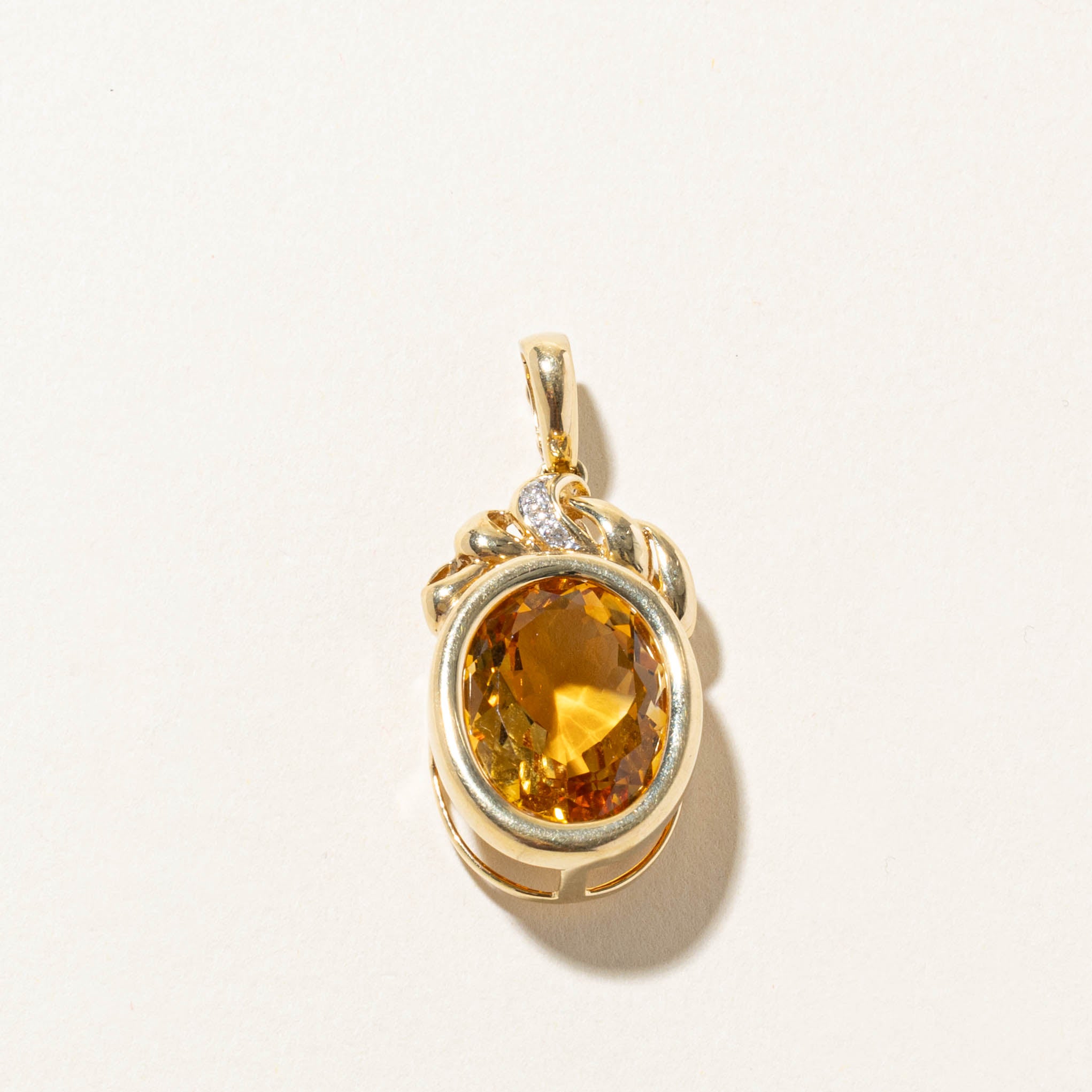 14k Bezel Set Citrine & Diamond Accented Pendant | 13.50ct, 0.02ctw