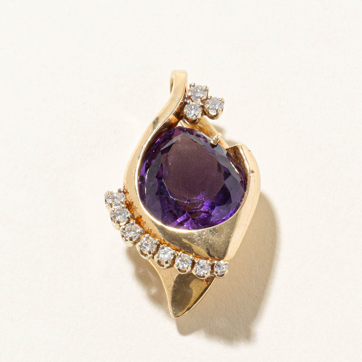 14k Bezel Set Pear Cut Amethyst & Diamond Abstract Pendant | 11.00ct, 0.50ctw