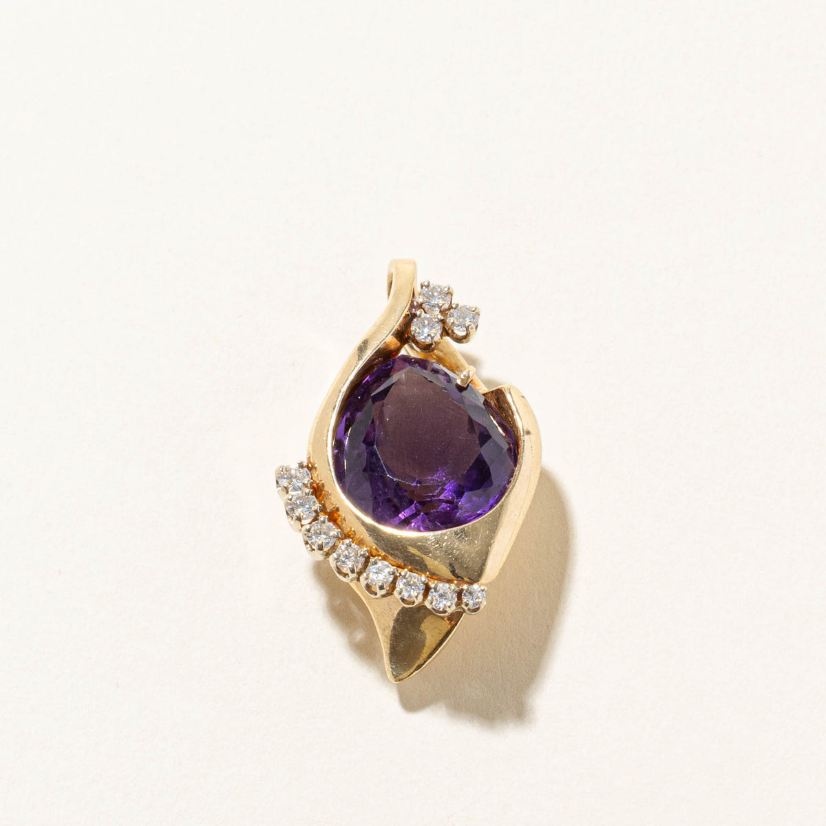 14k Bezel Set Pear Cut Amethyst & Diamond Abstract Pendant | 11.00ct, 0.50ctw