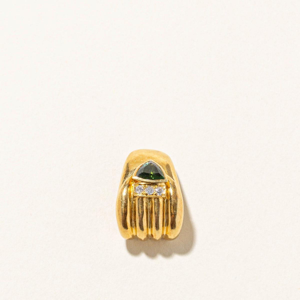 18k Bezel Set Trillion Cut Tourmaline & Diamond Grooved Pendant | 0.70ct, 0.09ctw