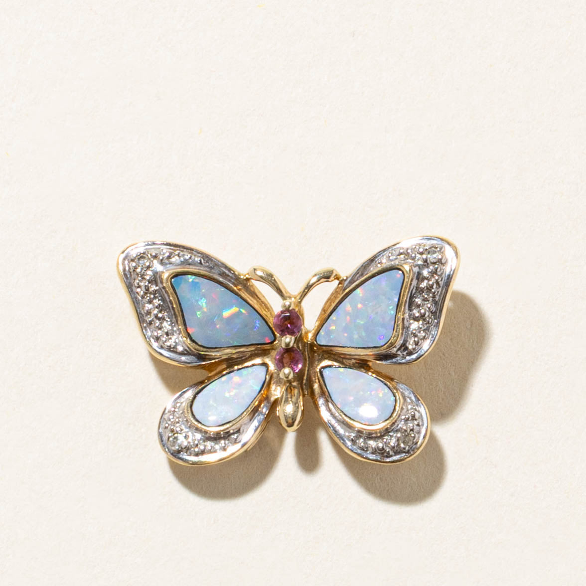 10k Opal, Pink Tourmaline & Diamond Butterfly Pendant | 1.00ctw, 0.02ctw