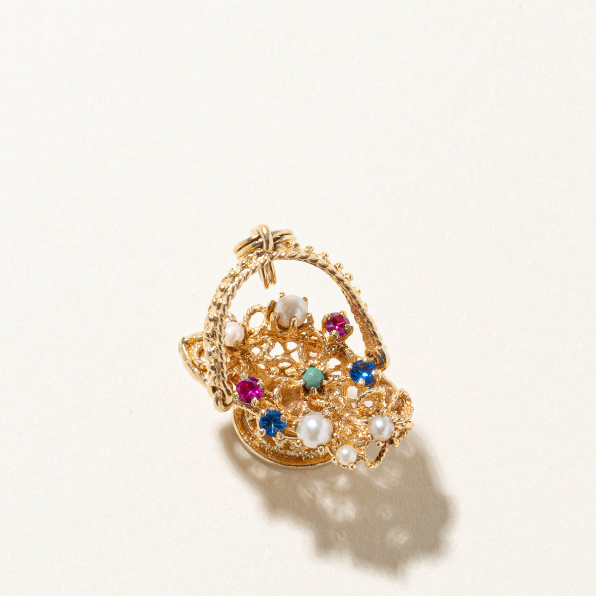 14k Seed Pearls & Synthetic Gemstone Flower Basket Charm | 1.26ctw