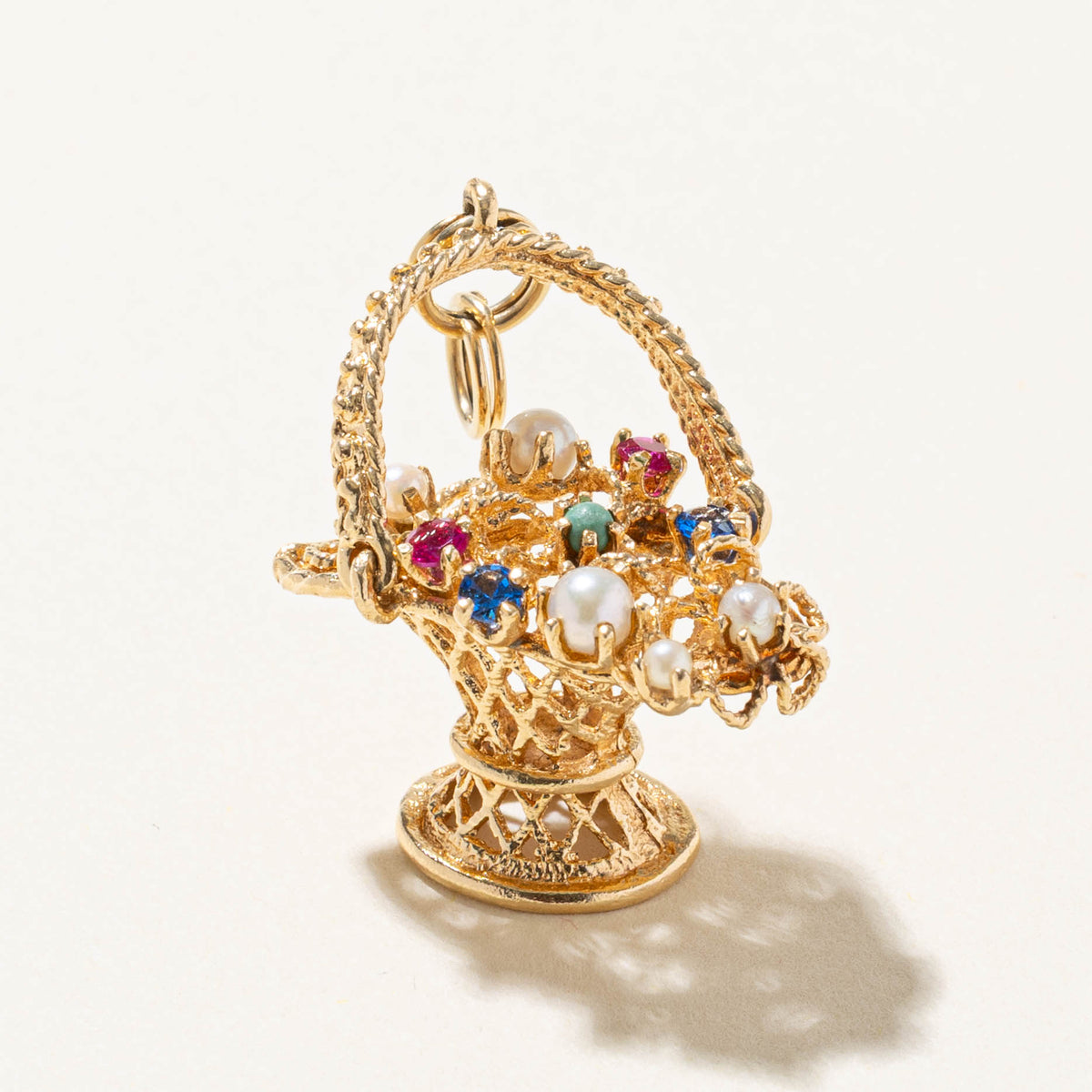 14k Seed Pearls & Synthetic Gemstone Flower Basket Charm | 1.26ctw