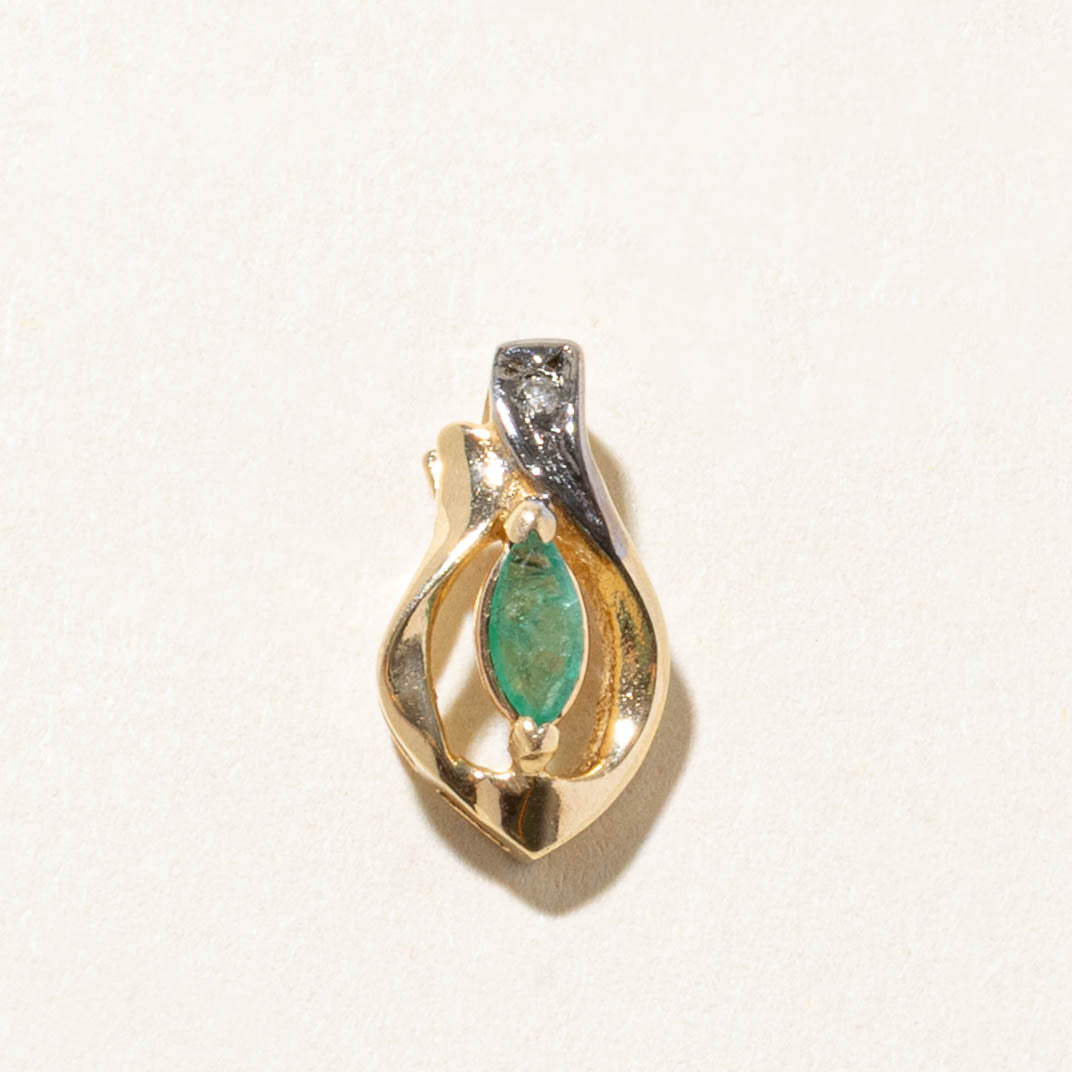 10k Marquise Cut Emerald & Diamond Openwork Pendant | 0.09ct, 0.01ct