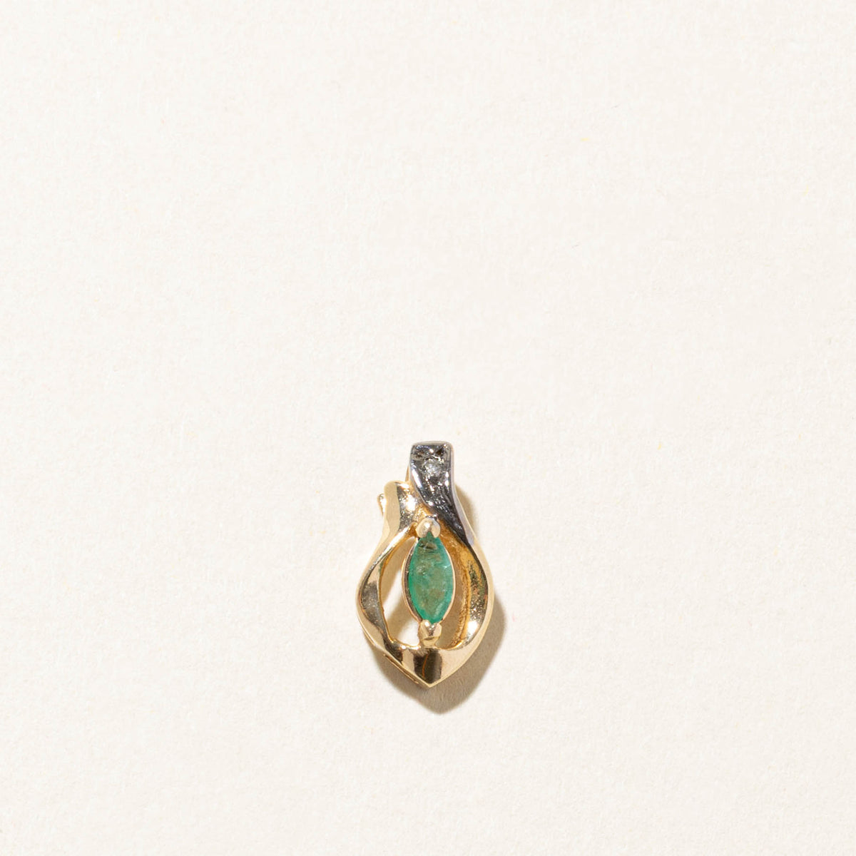 10k Marquise Cut Emerald & Diamond Openwork Pendant | 0.09ct, 0.01ct