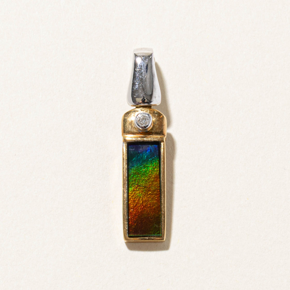 18k Two Tone Bezel Set Ammolite & Diamond Bar Pendant | 1.60ct, 0.03ct
