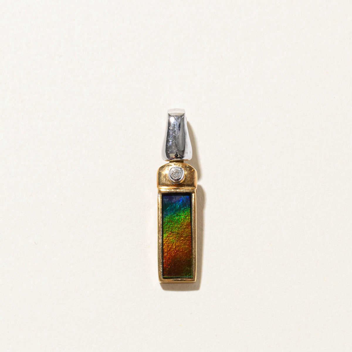 18k Two Tone Bezel Set Ammolite & Diamond Bar Pendant | 1.60ct, 0.03ct