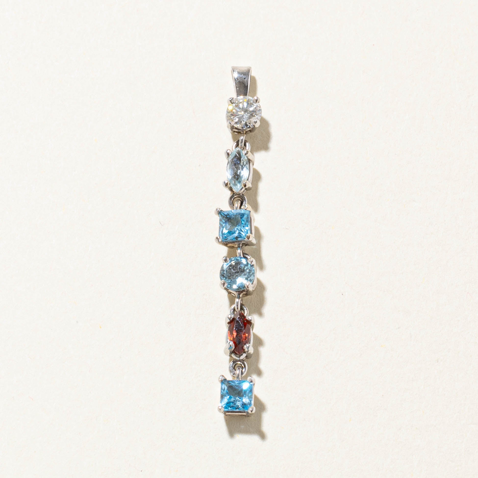 14k Diamond, Aquamarine, Blue Topaz & Garnet Drop Pendant | 0.23ct, 0.92ctw