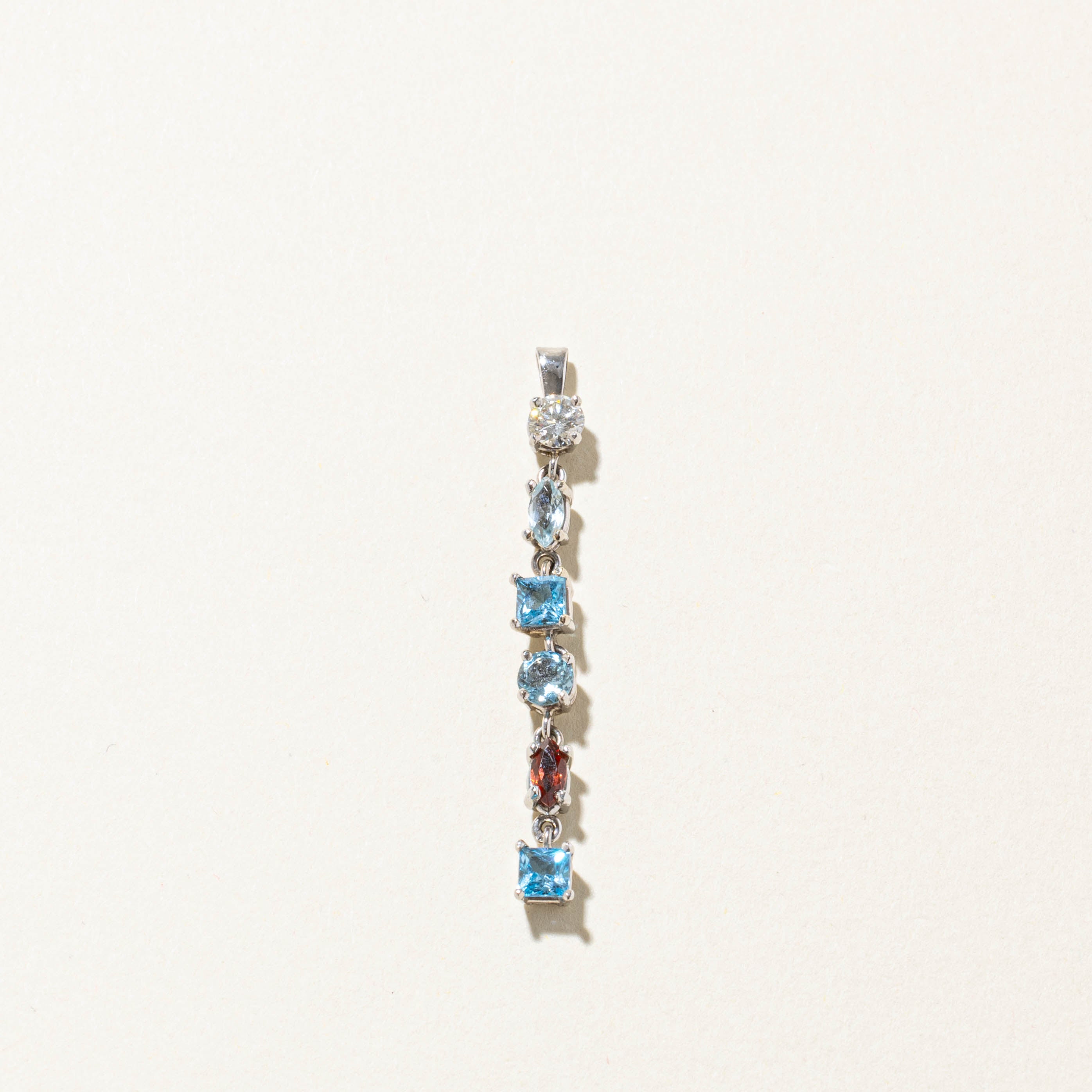 14k Diamond, Aquamarine, Blue Topaz & Garnet Drop Pendant | 0.23ct, 0.92ctw