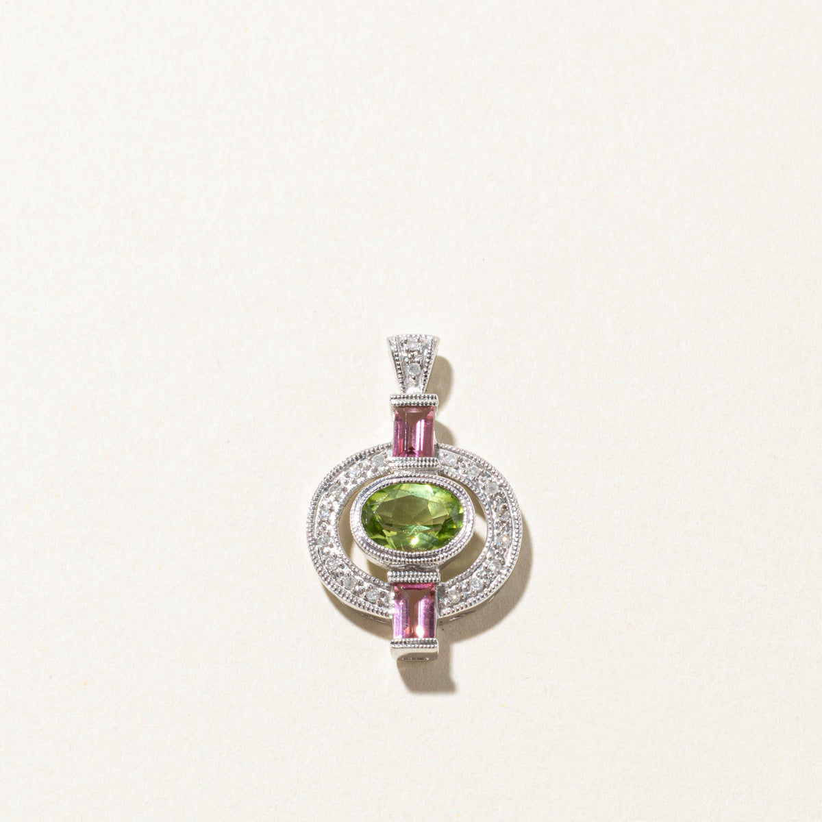 14k East West Peridot, Pink Tourmaline & Diamond Open Halo Pendant | 2.00ctw, 0.10ctw