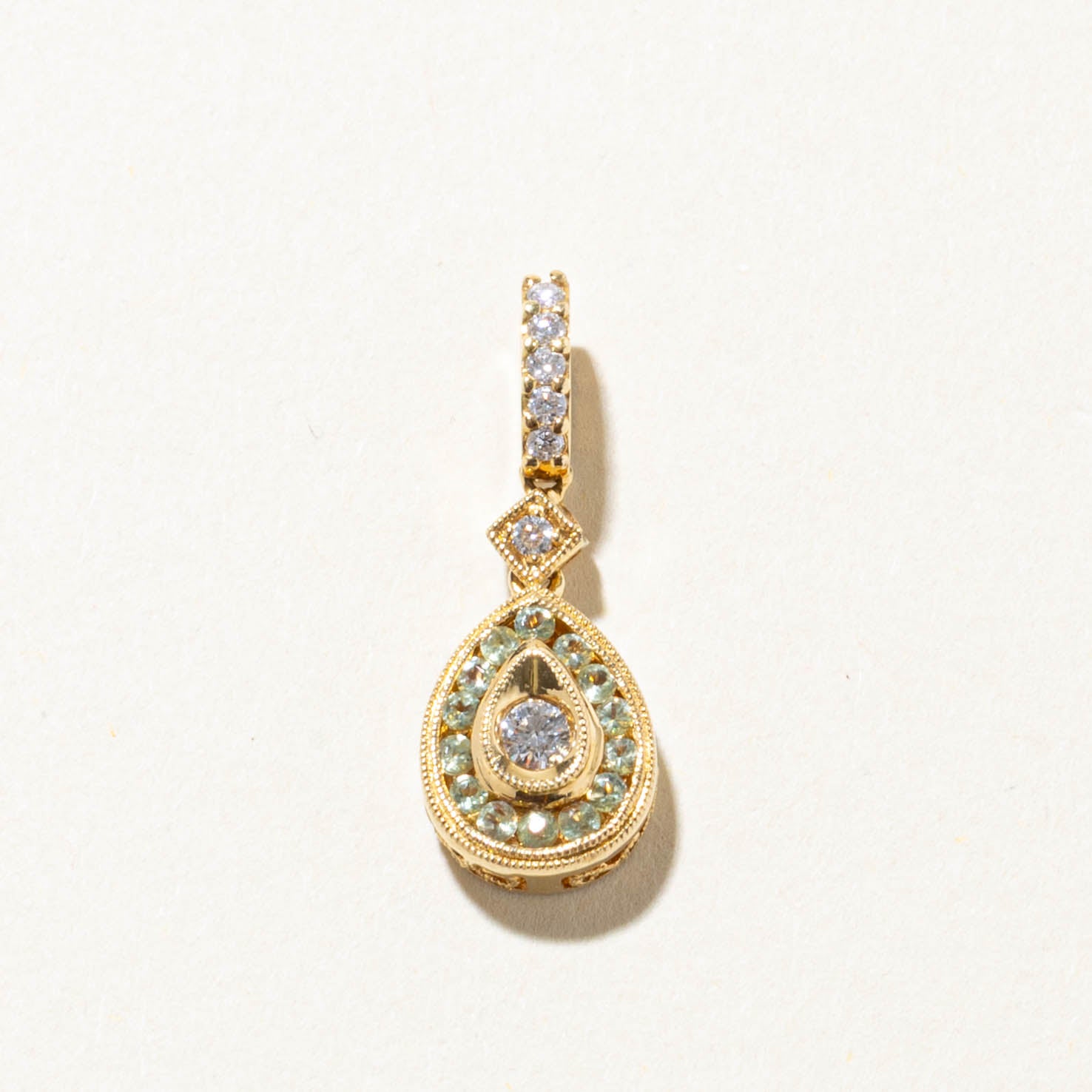 18k Peridot & Diamond Milgrained Teardrop Pendant | 0.20ct, 0.15ctw