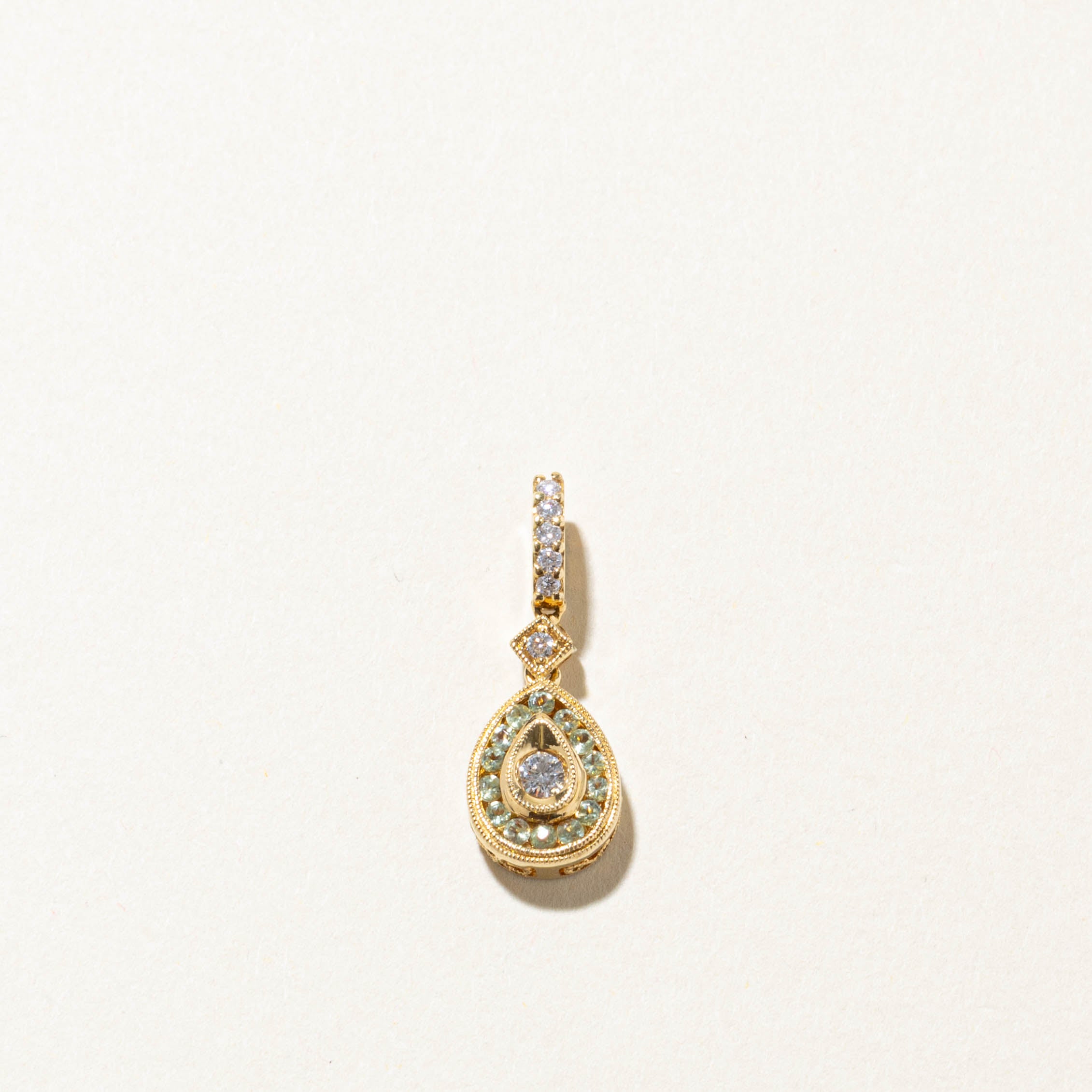 18k Peridot & Diamond Milgrained Teardrop Pendant | 0.20ct, 0.15ctw