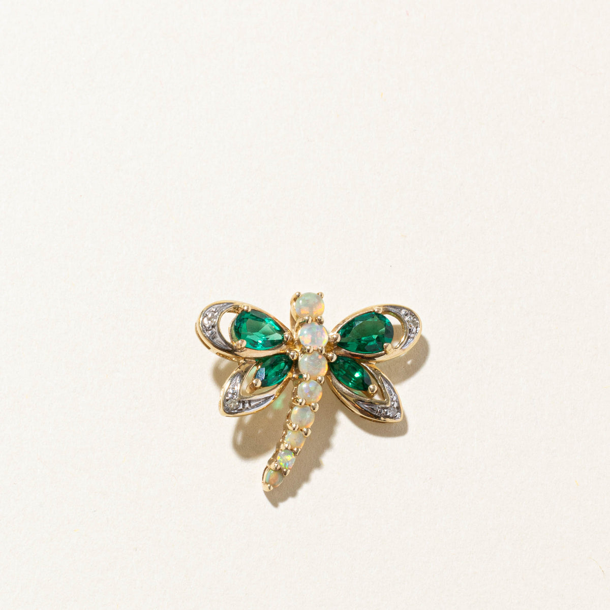 10k Synthetic Emerald, Opal & Diamond Dragonfly Pendant | 0.82ctw, 0.02ctw