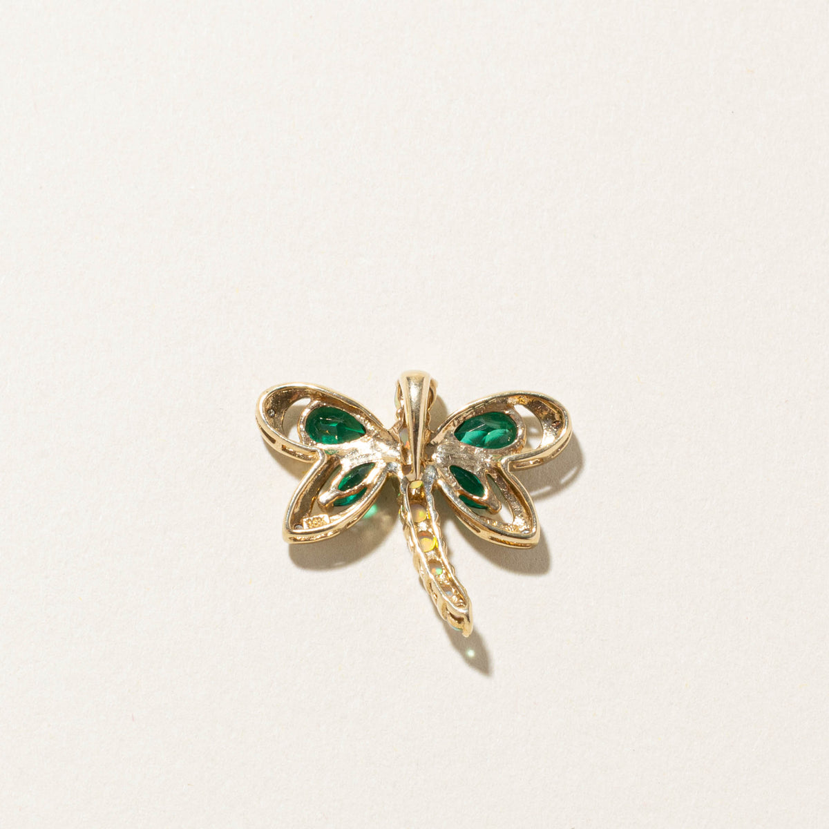 10k Synthetic Emerald, Opal & Diamond Dragonfly Pendant | 0.82ctw, 0.02ctw
