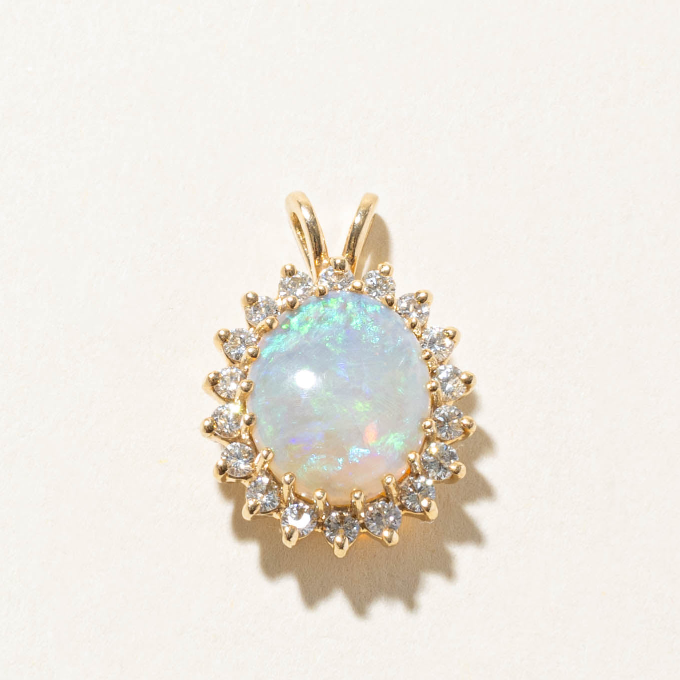 14k Oval Cabochon Opal & Diamond Petal Halo Pendant | 2.00ct, 0.54ctw