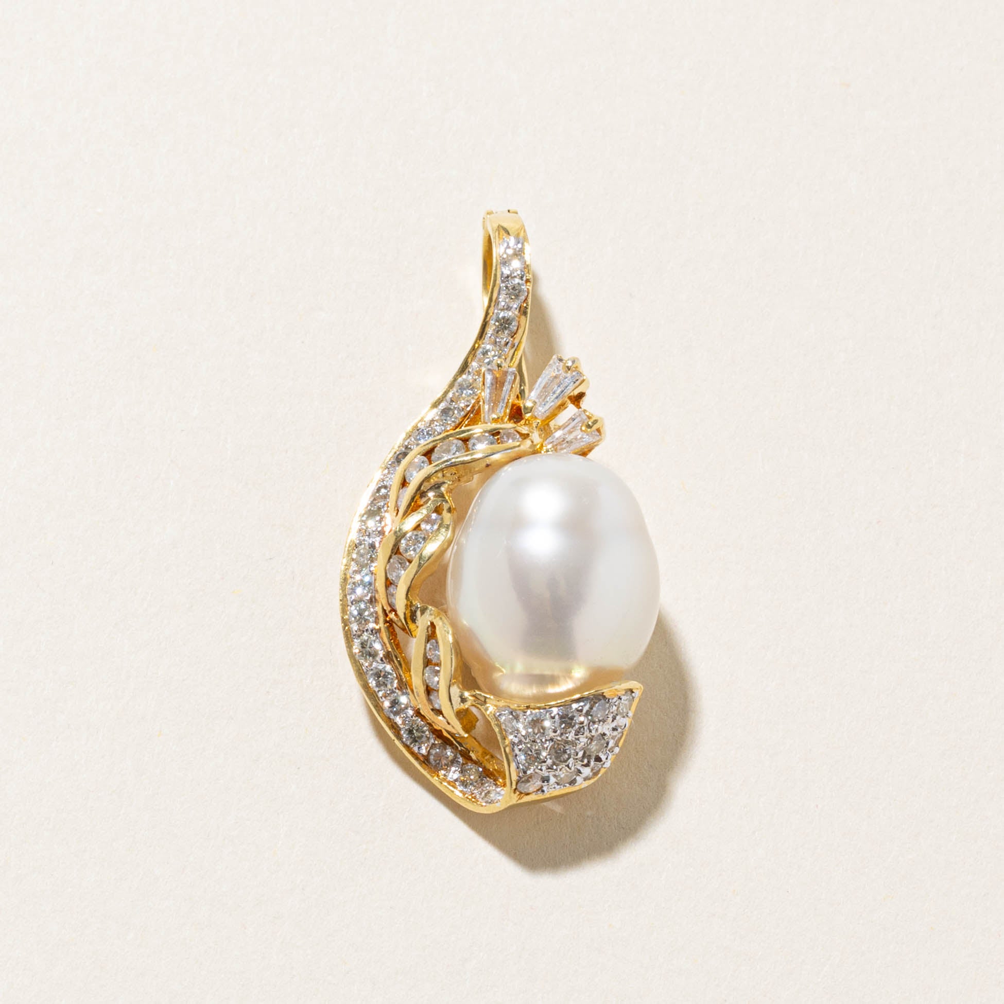 18k Pave Set Diamond & Pearl Ornate Pendant | 0.90ctw