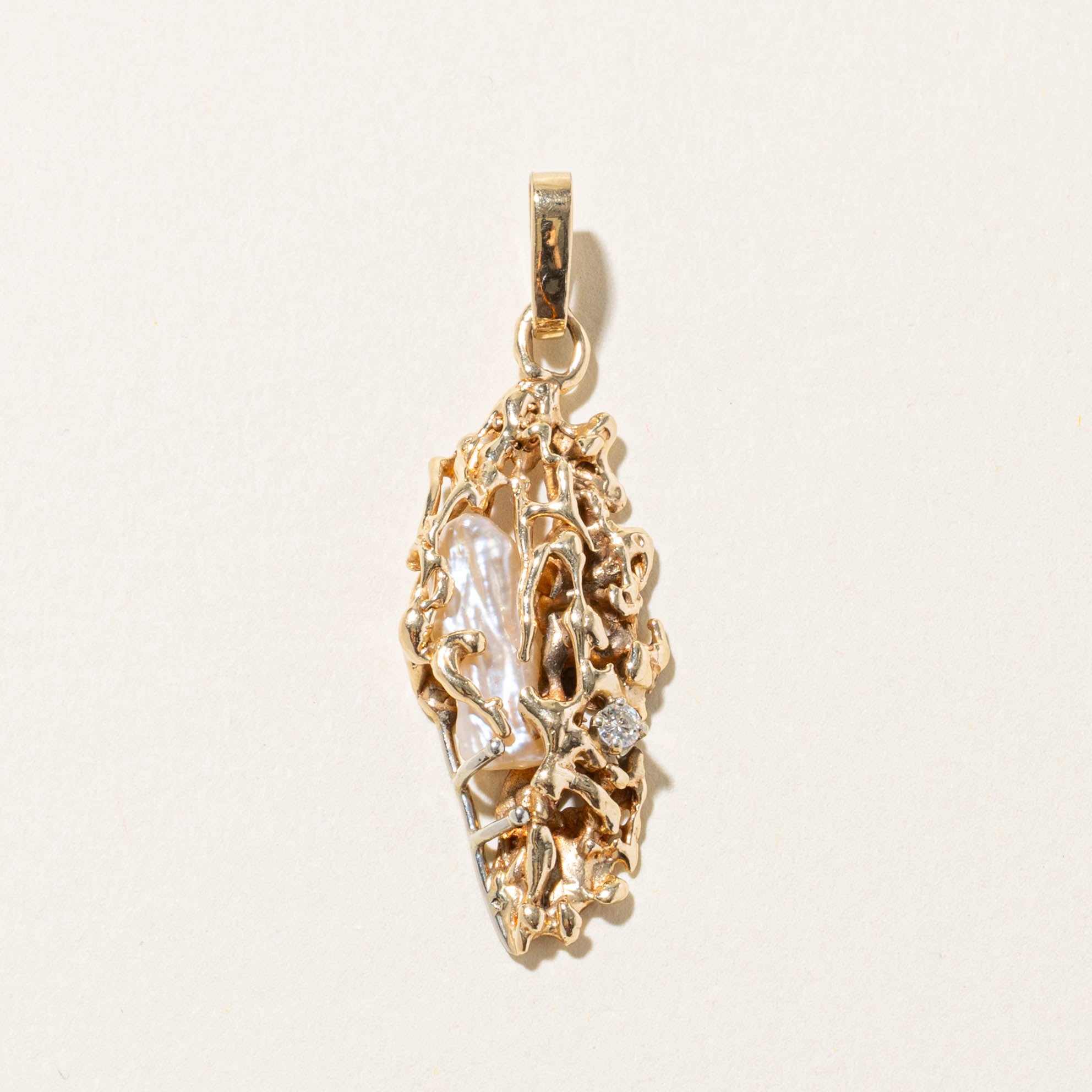 12k Diamond & Baroque Pearl Openwork Abstract Pendant | 0.05ctw
